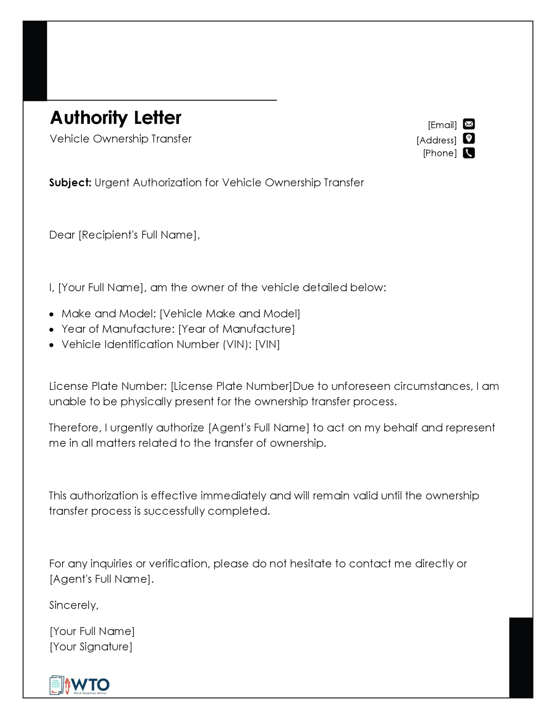 Authorization Letter Transfer Vehicle Ownership Letter Template-Ms Word Free Download