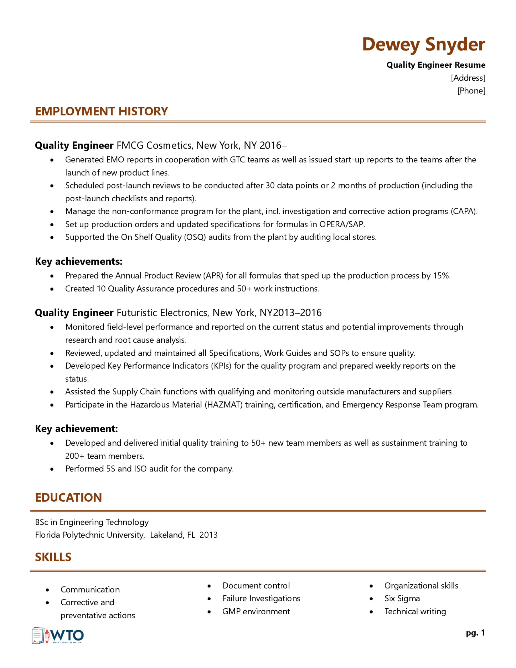 Quality Engineer Resume Template - Creative Example