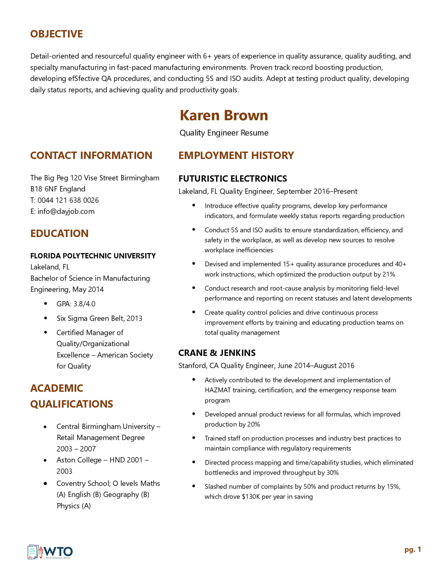 Quality Engineer Resume Template - Simple and Clean Design