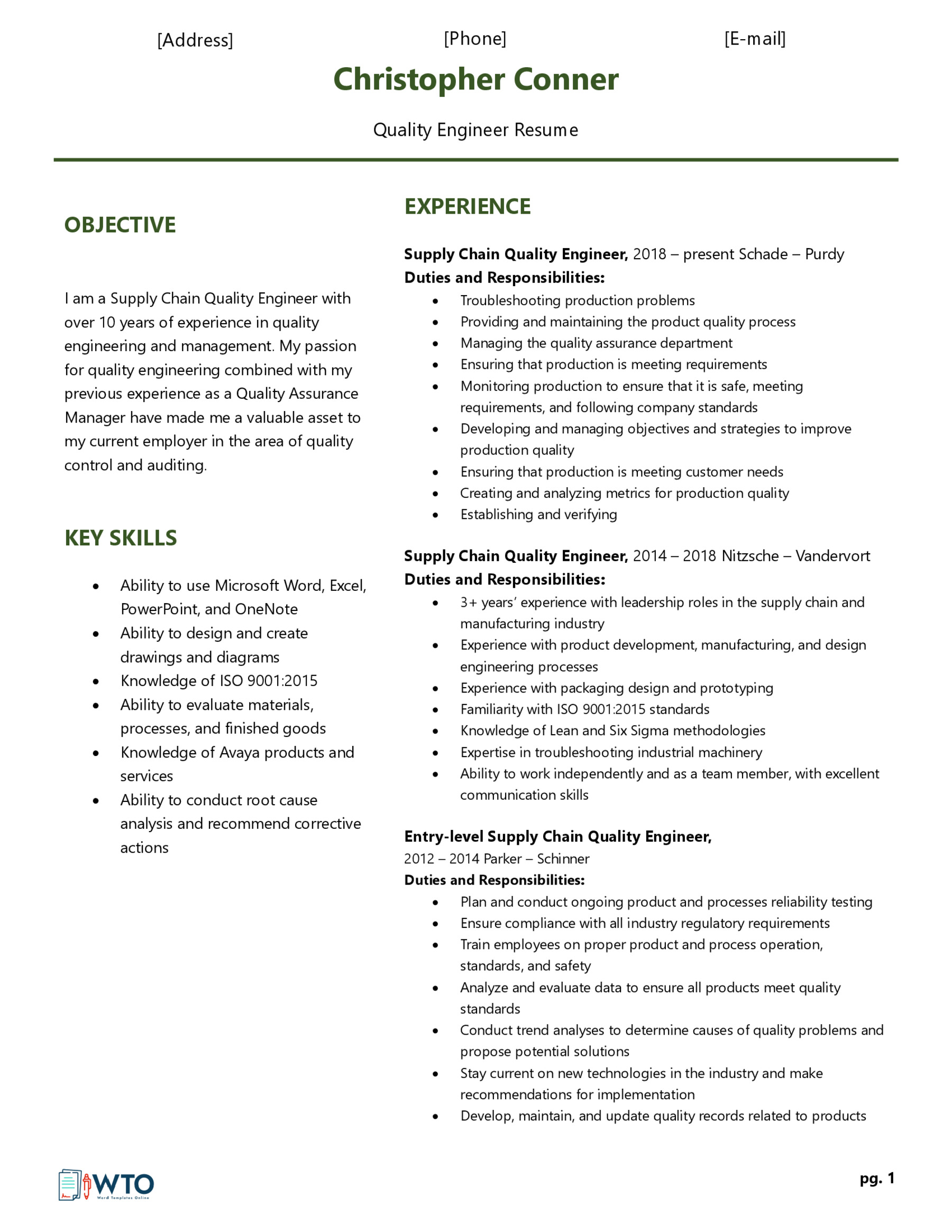Quality Engineer Resume Example - Professional Sample