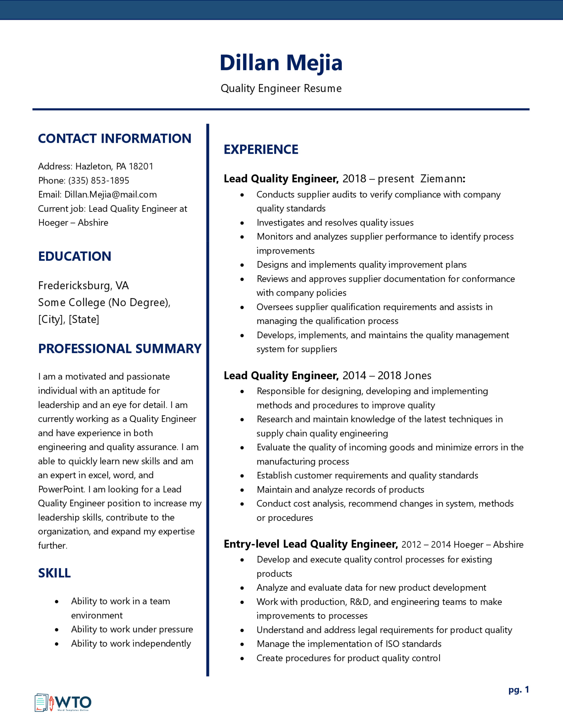 Downloadable Quality Engineer Resume Template - Word Format