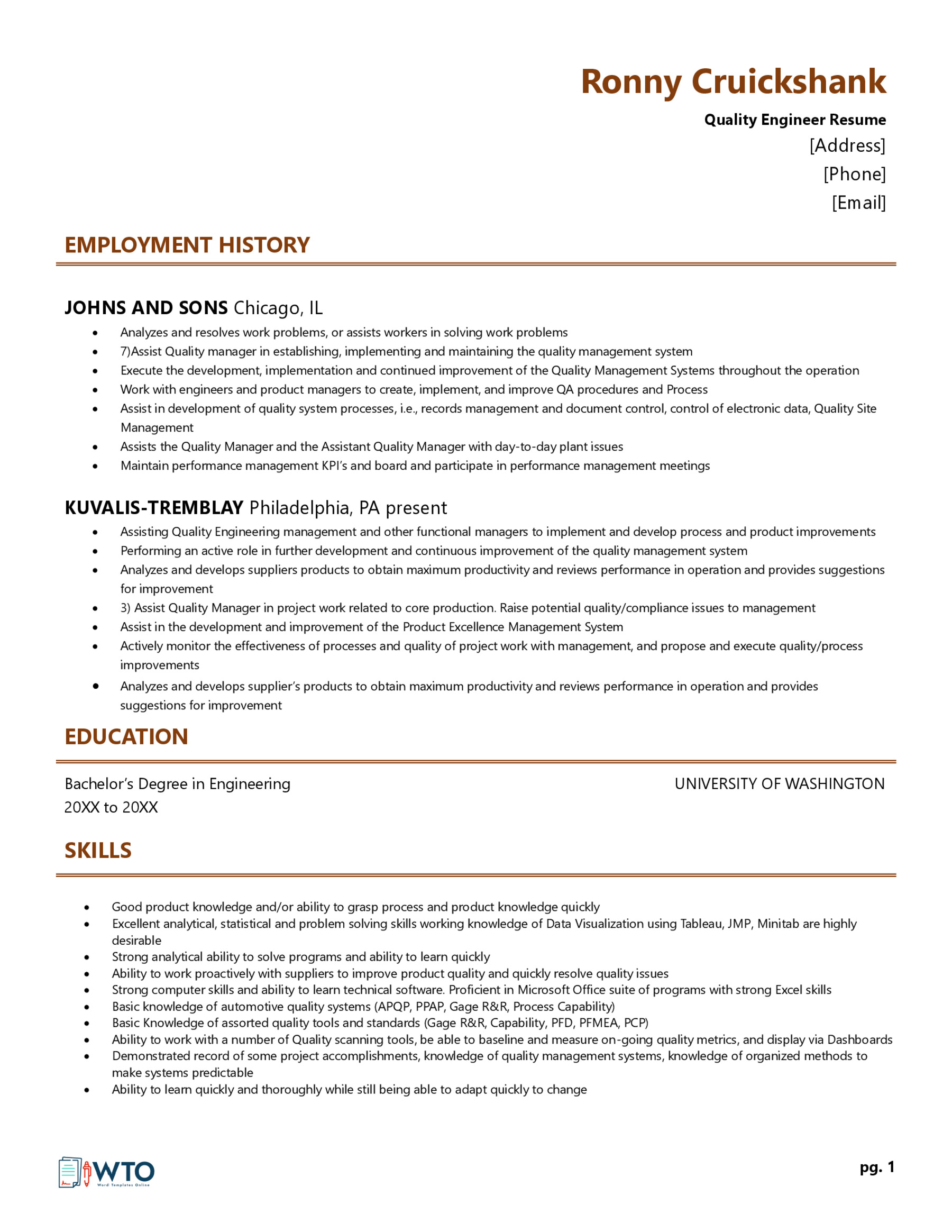 Quality Engineer Resume Template - Customizable Format