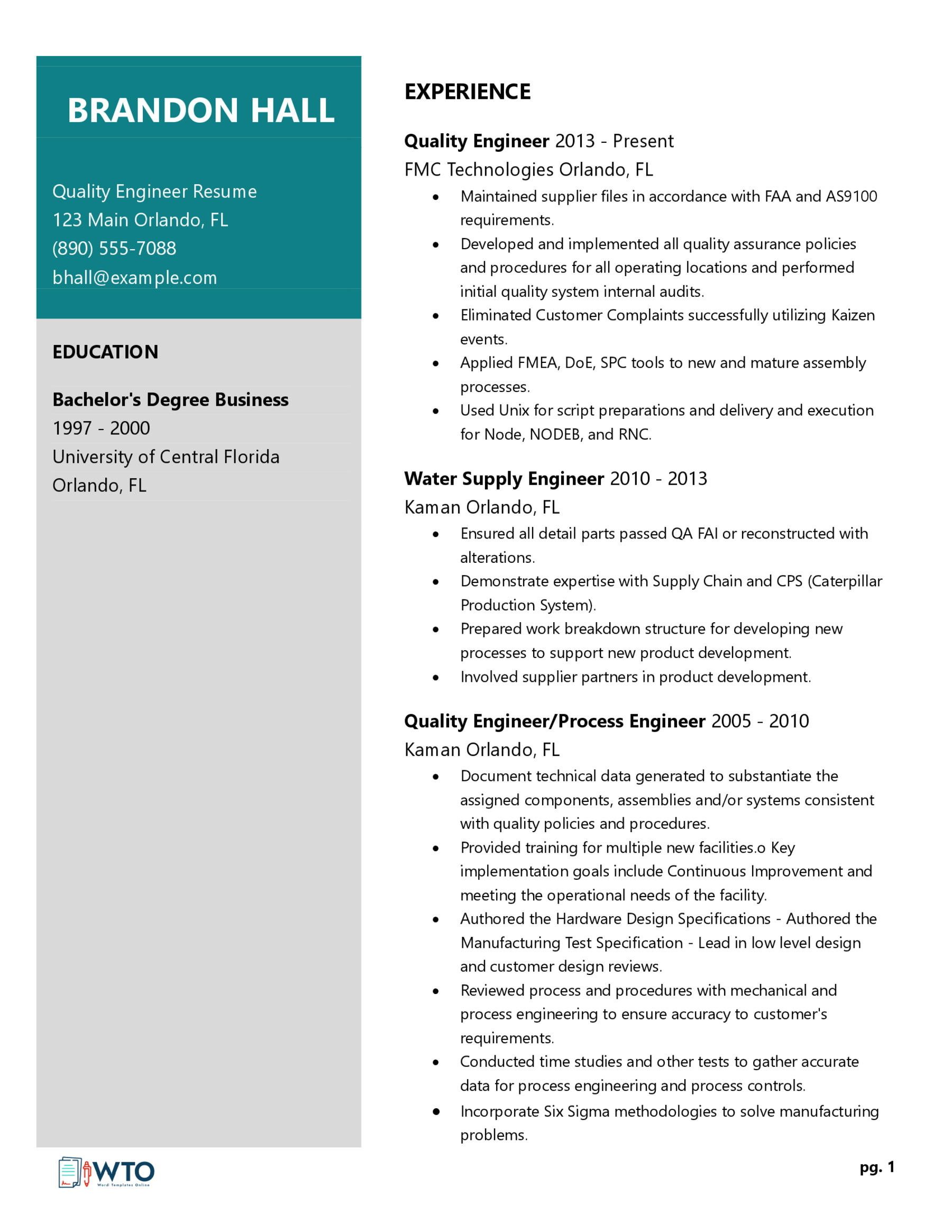 Quality Engineer Resume Example - Effective Format