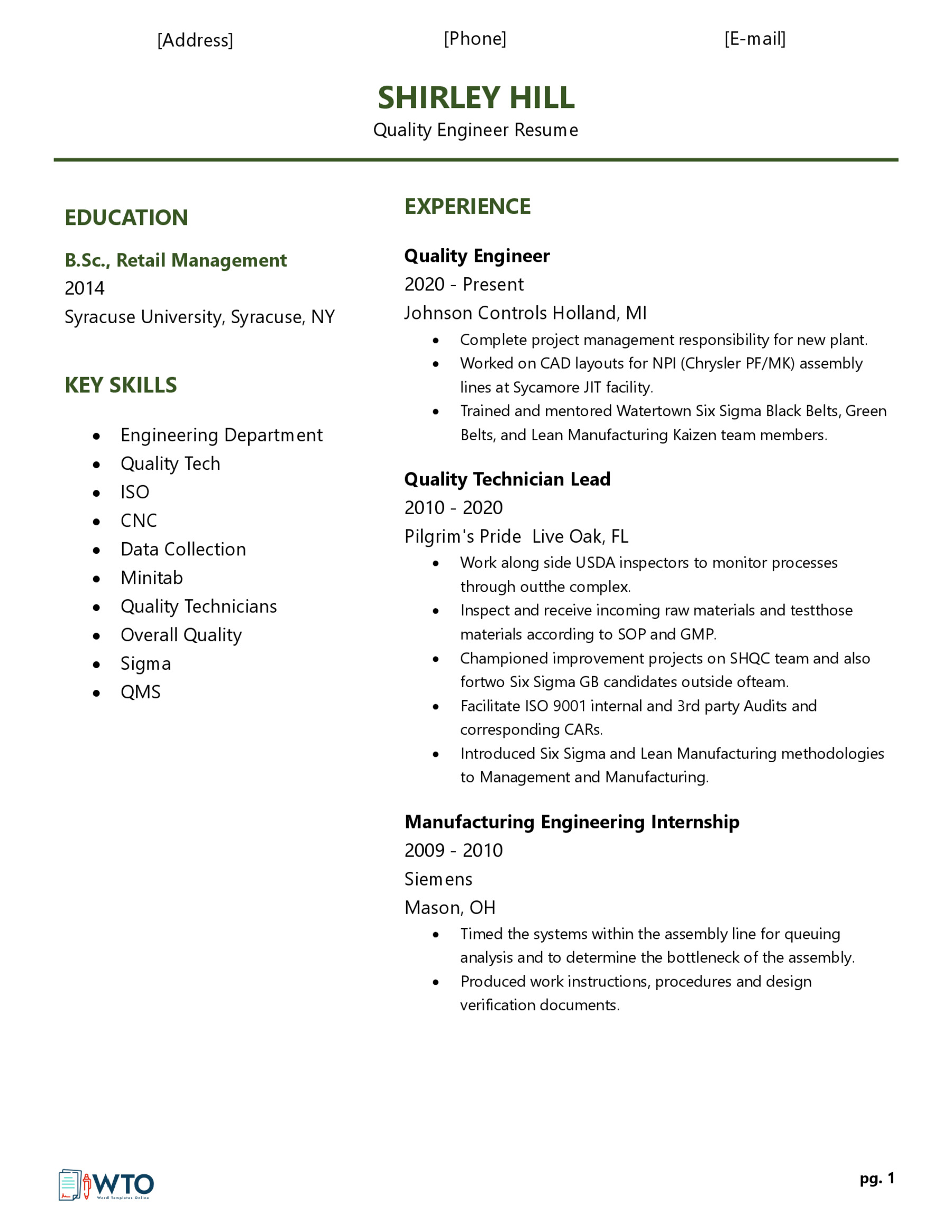 Quality Engineer Resume Template - Ready-to-Use Word Document