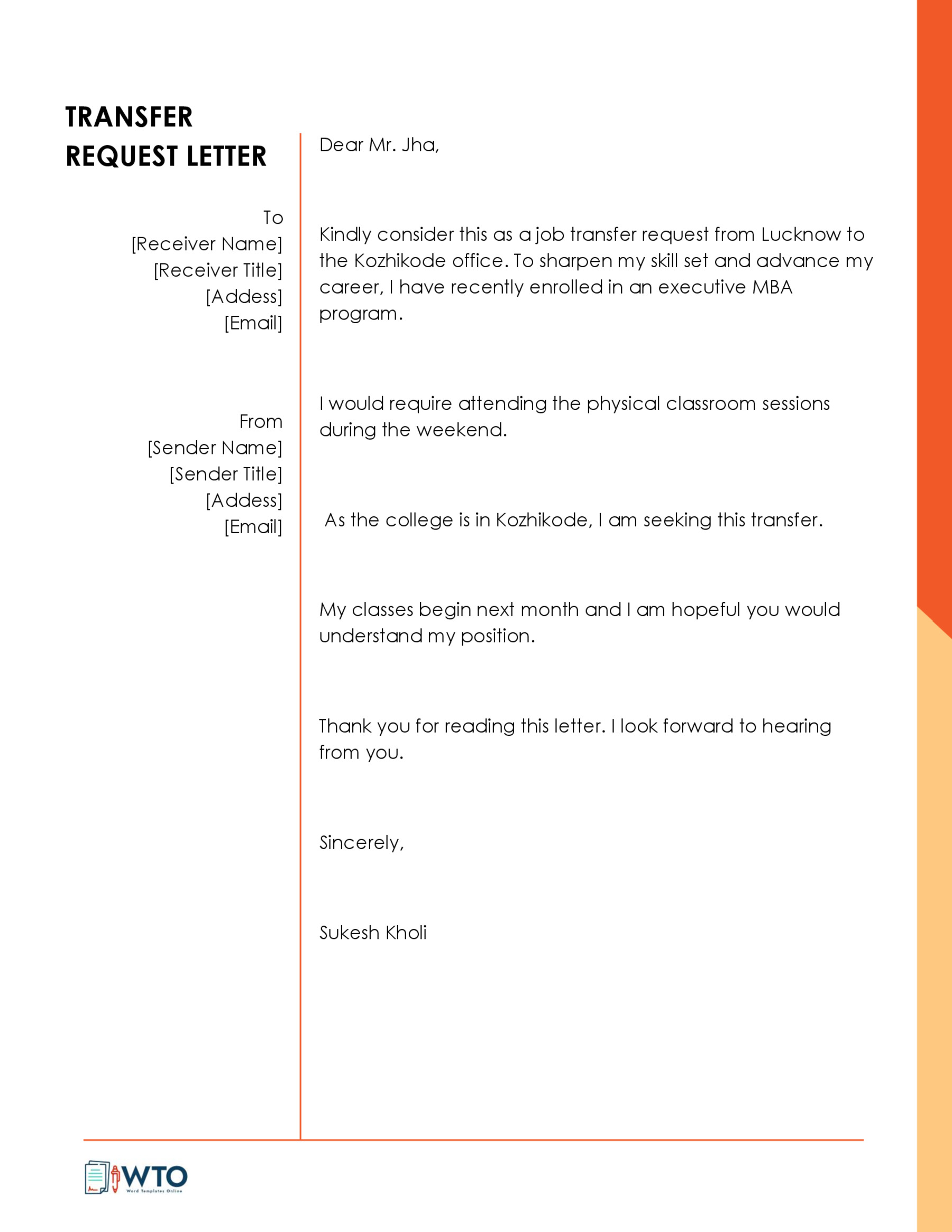 Free Printable Transfer Request Letter Sample 20 as Word Document