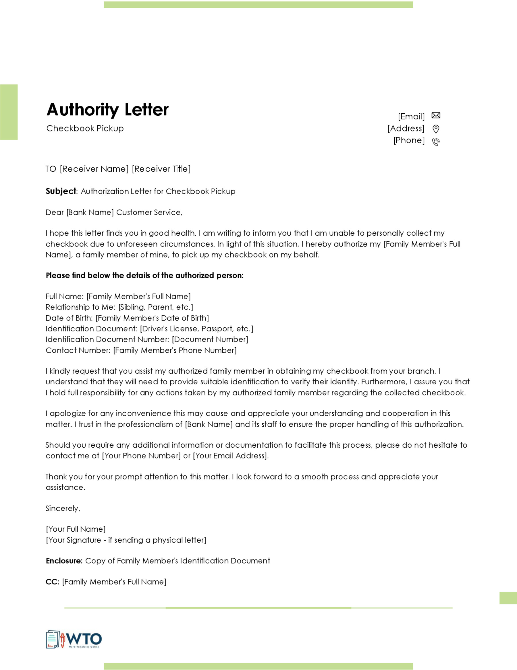 Authorization Letter for Checkbook Pickup Template-Ms Word Free download