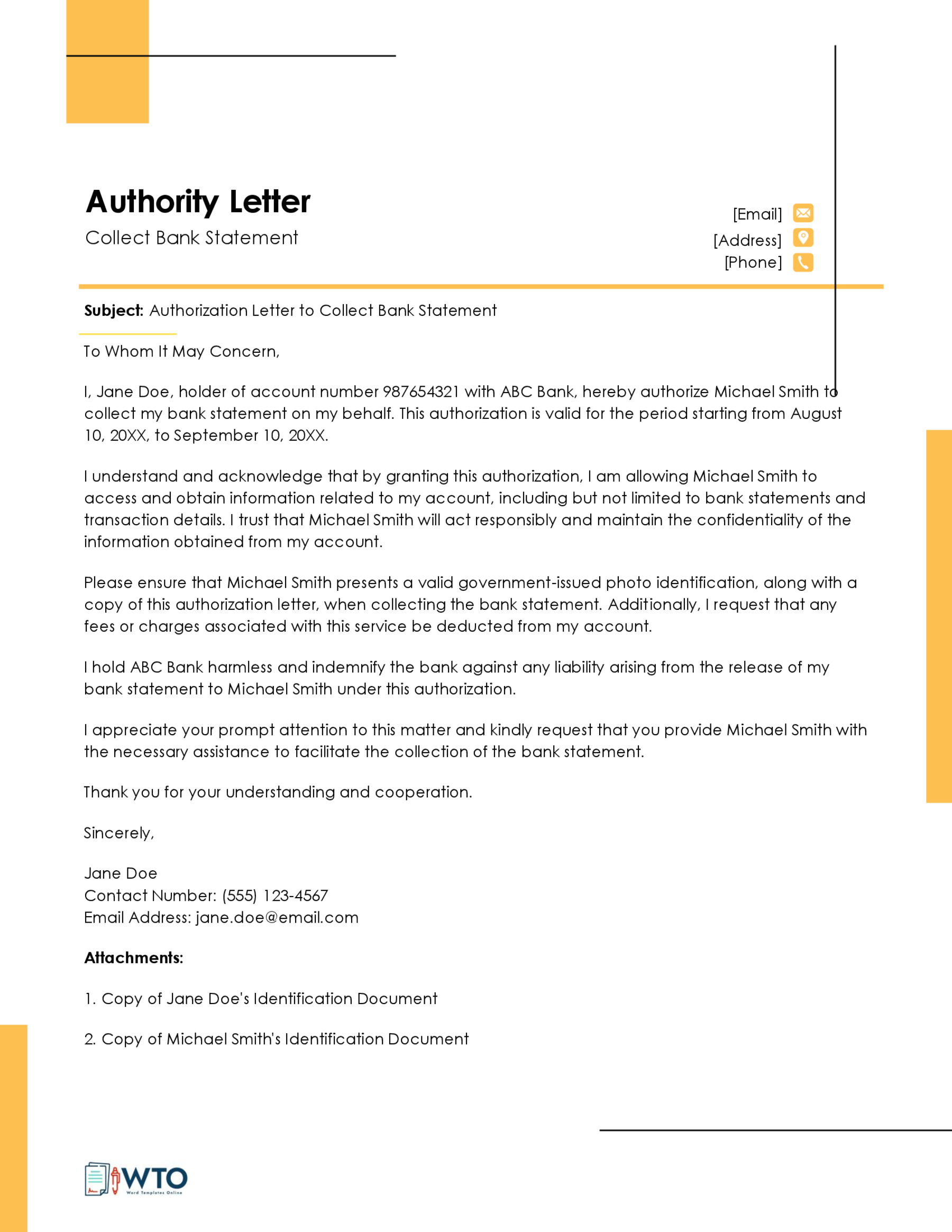 Authorization Letter to Collect Bank Statement Sample-Free download in ms word format