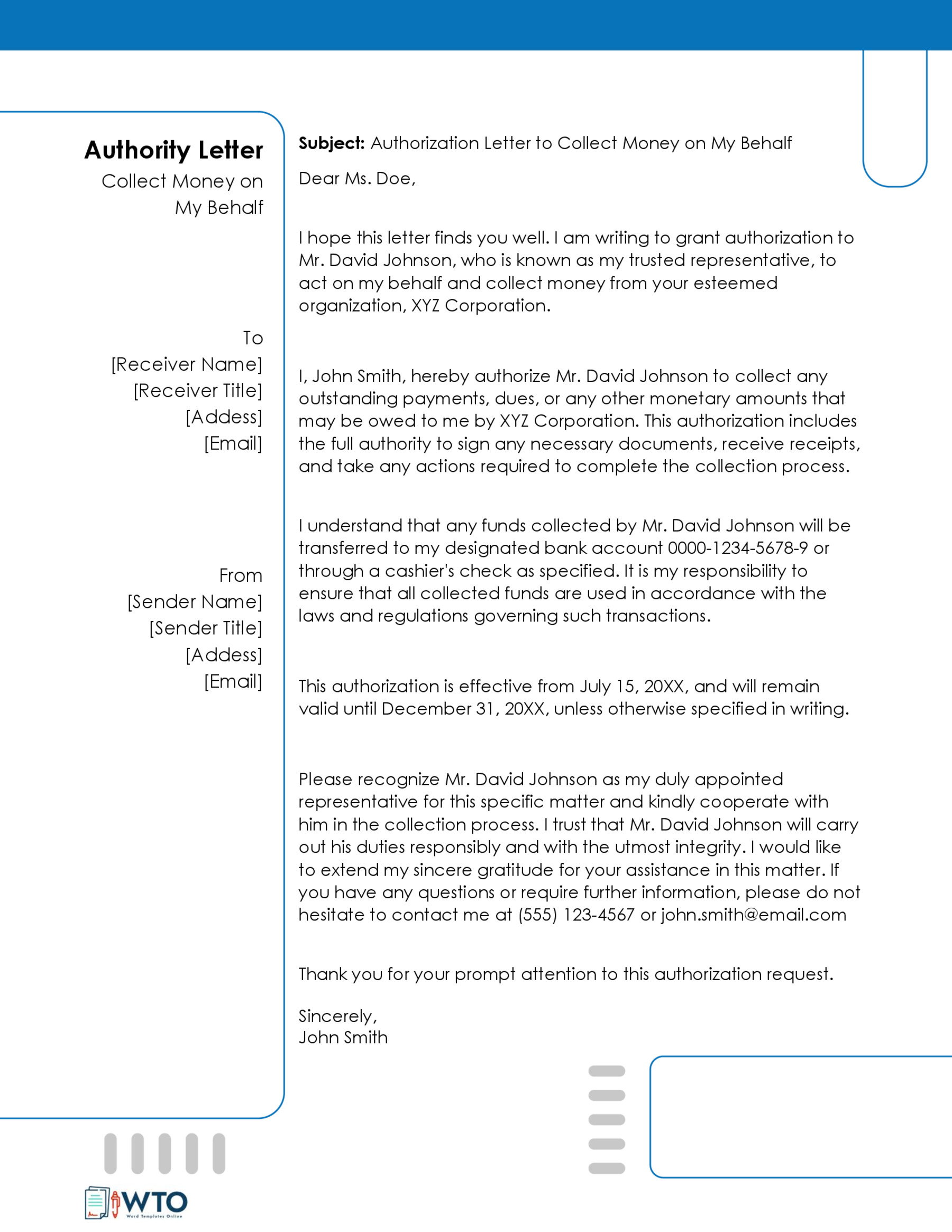 Word Format Authorization Letter to Collect Money