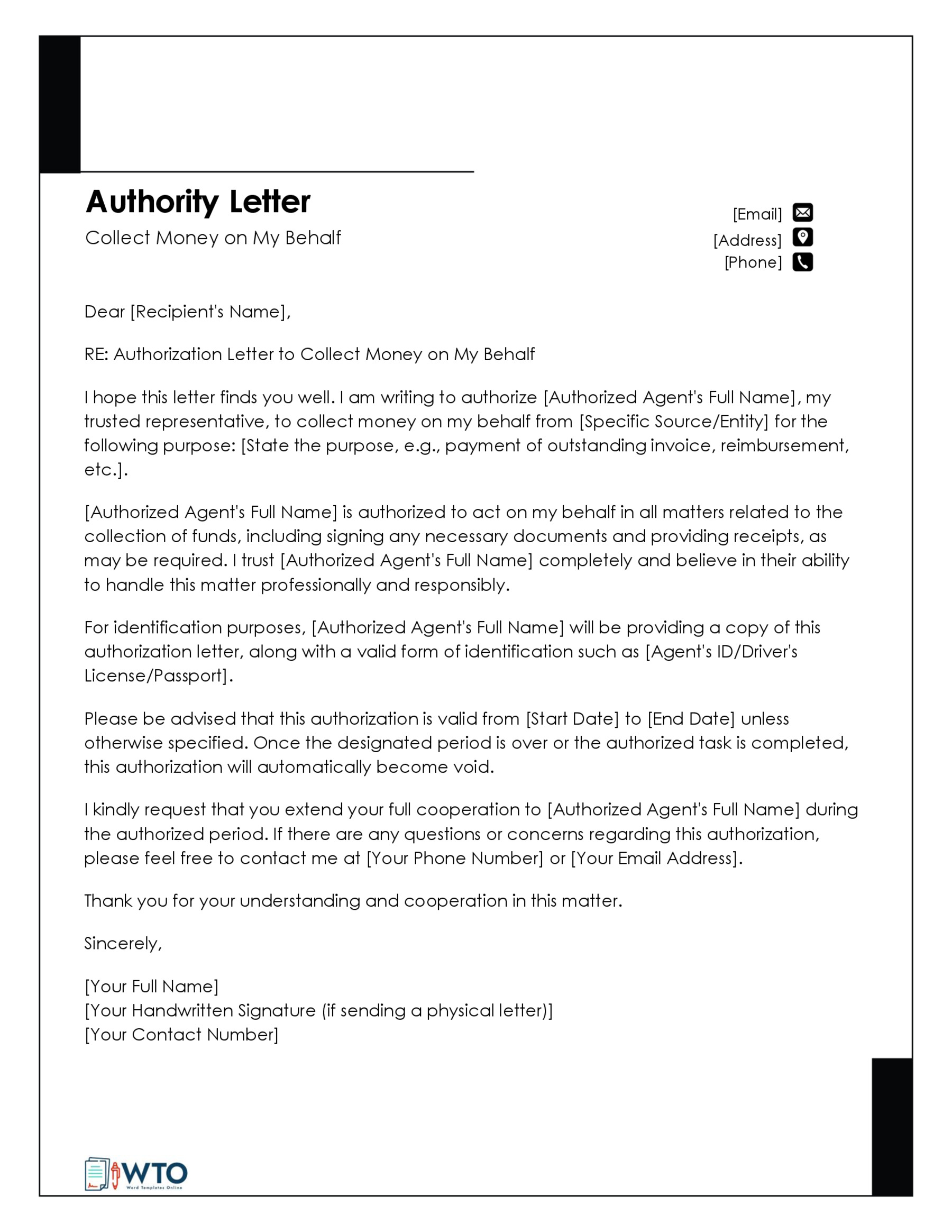 Sample Letter to Collect Money with Authorization