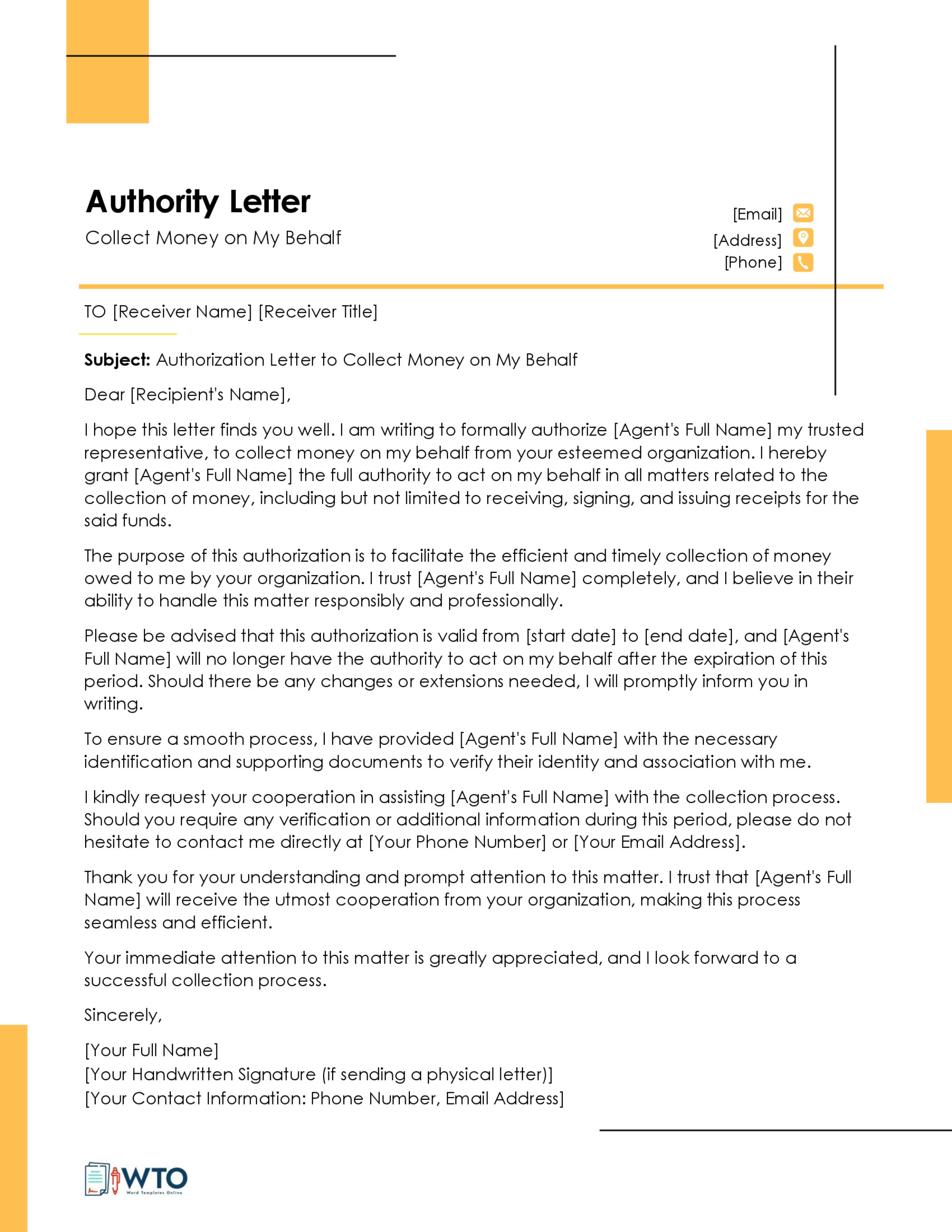 Money Pickup Authorization Letter Template