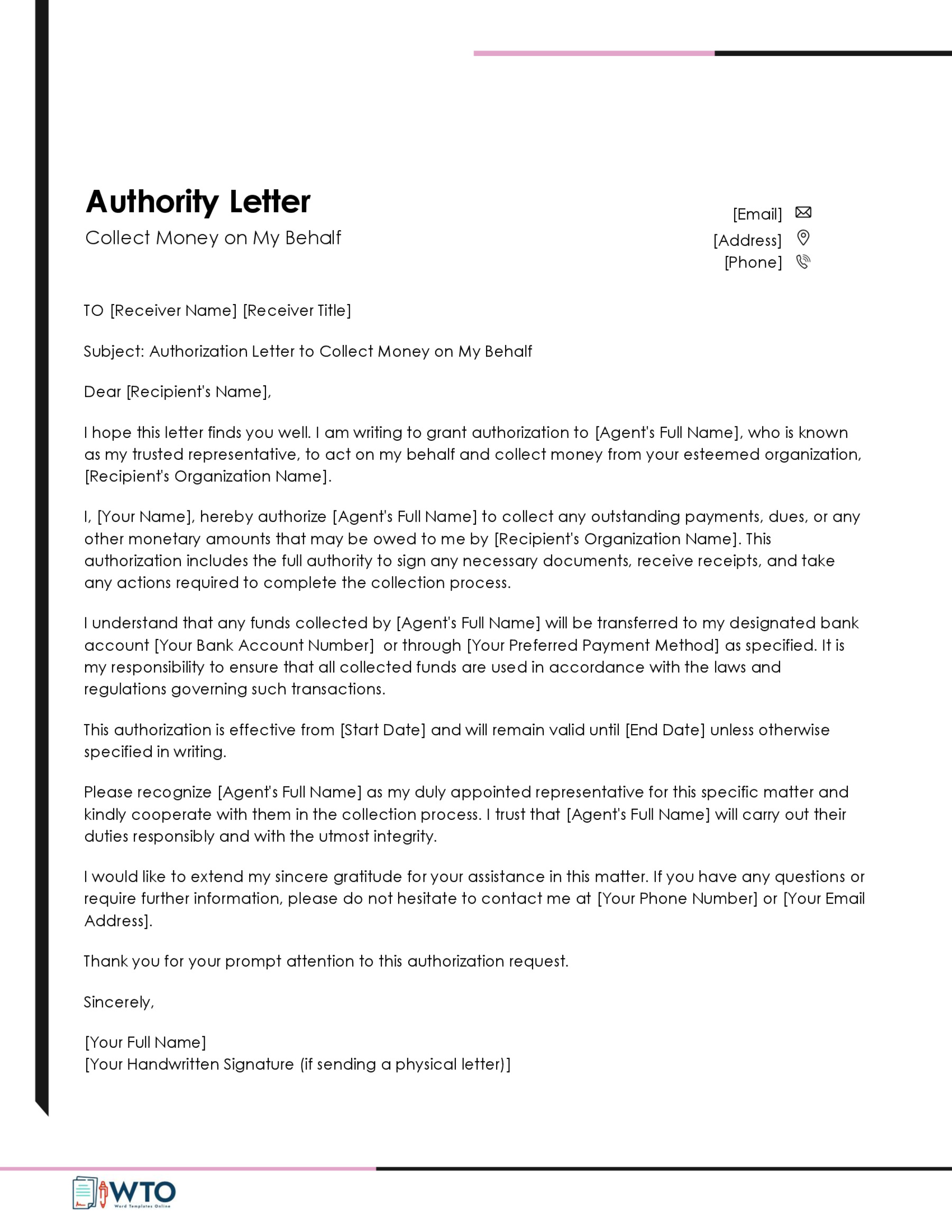 Collecting Cash Authorization Letter Sample
