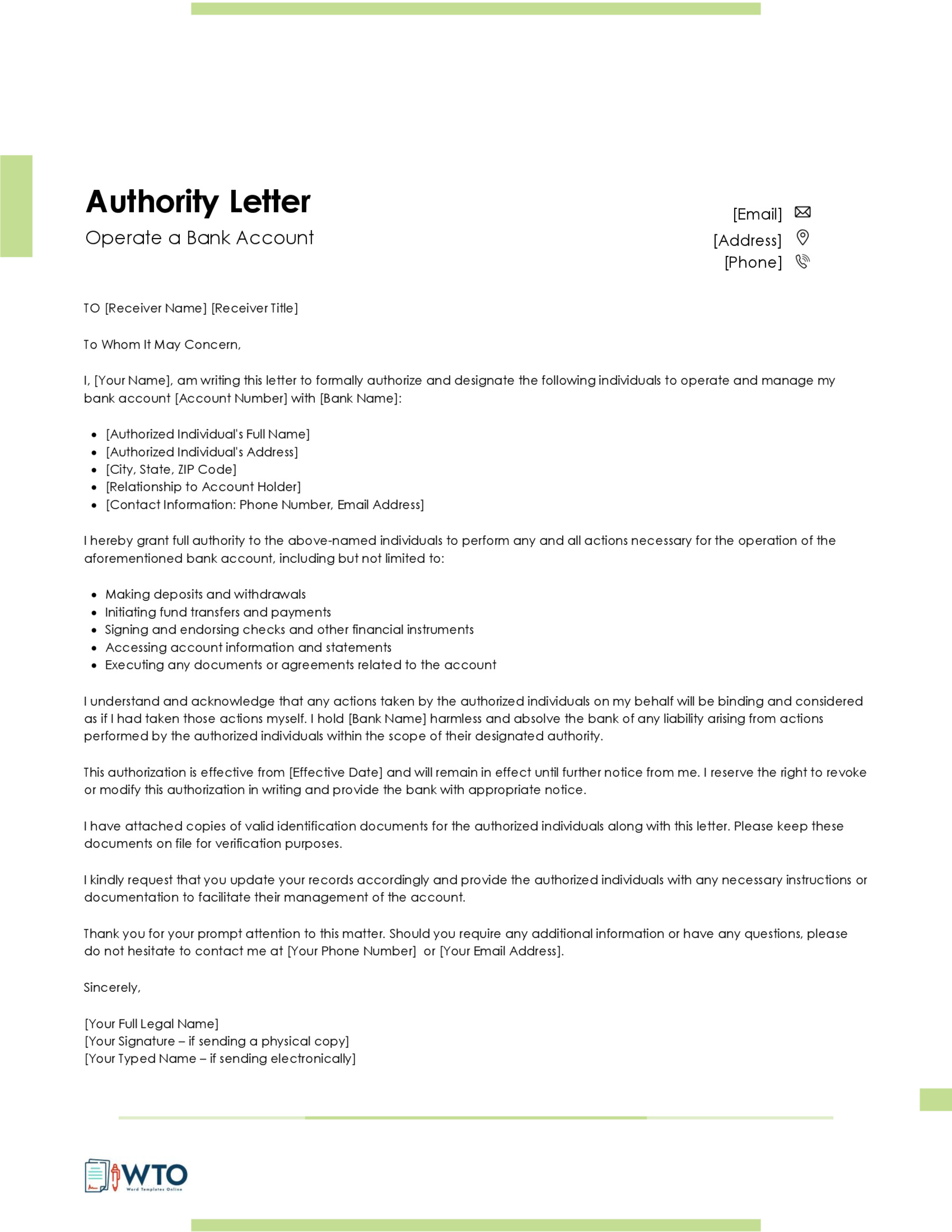 Authorization Letter to Operate a Bank Account Template-Free Word Format