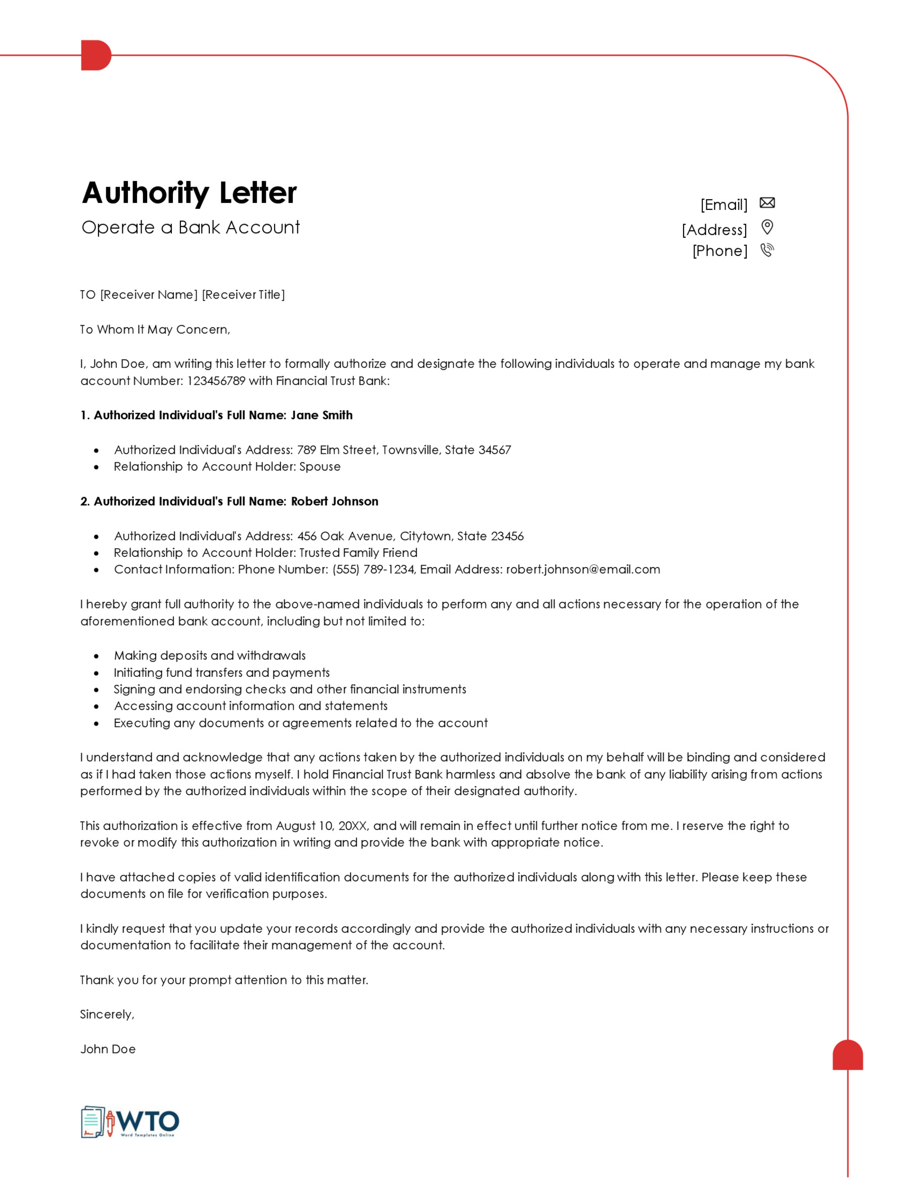 Authorization Letter to Operate a Bank Account sample-Free Download