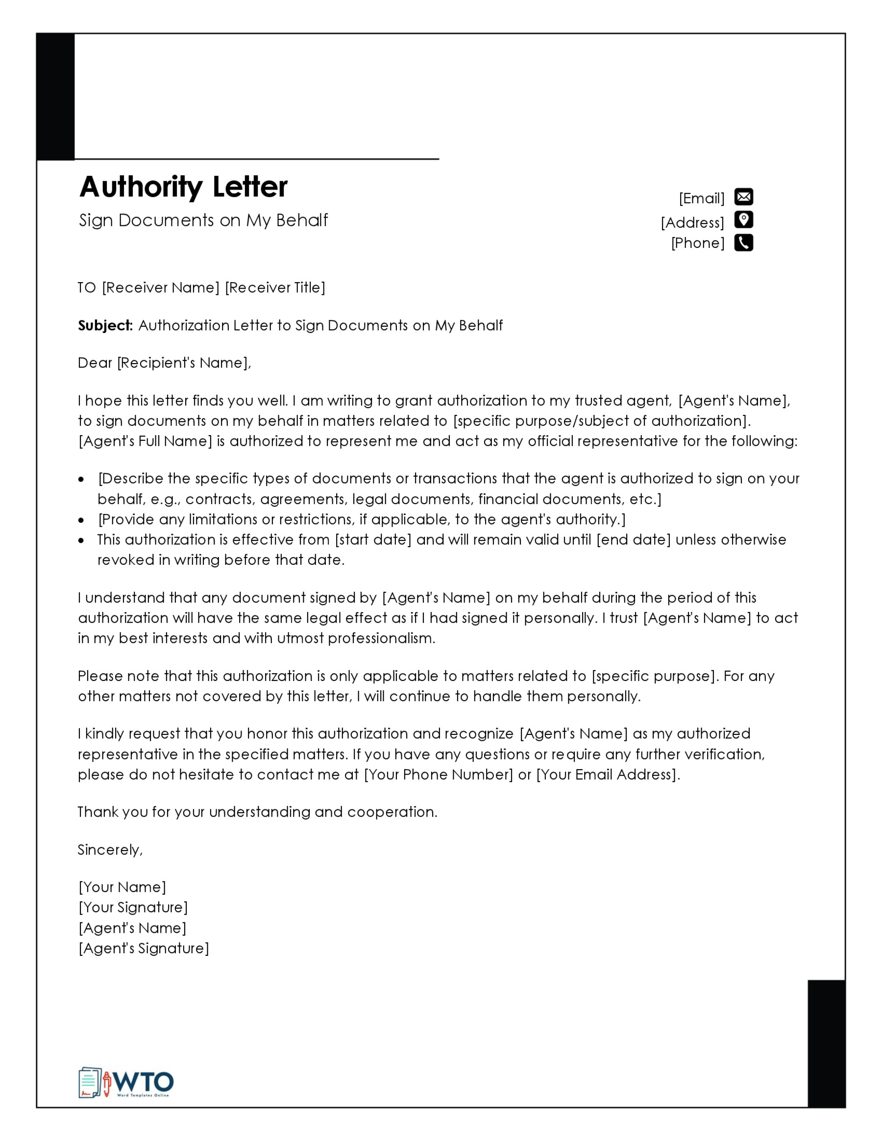 Authorization letter to to Sigh Documents Template-Ms word Format