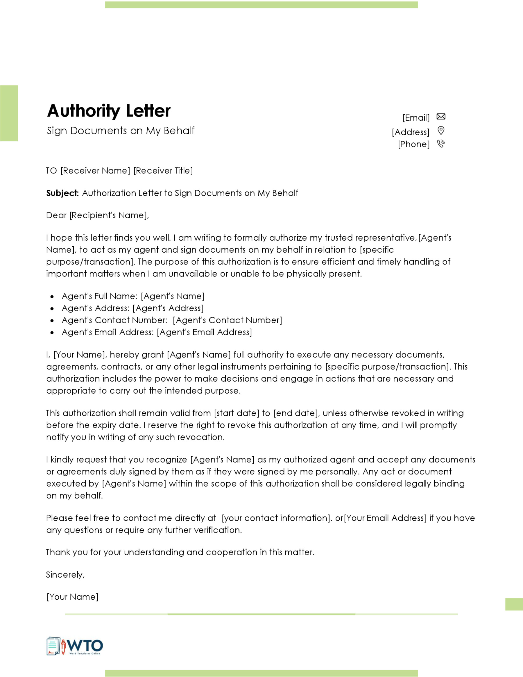 Authorization letter to to Sigh Documents Template-Free in Ms Word