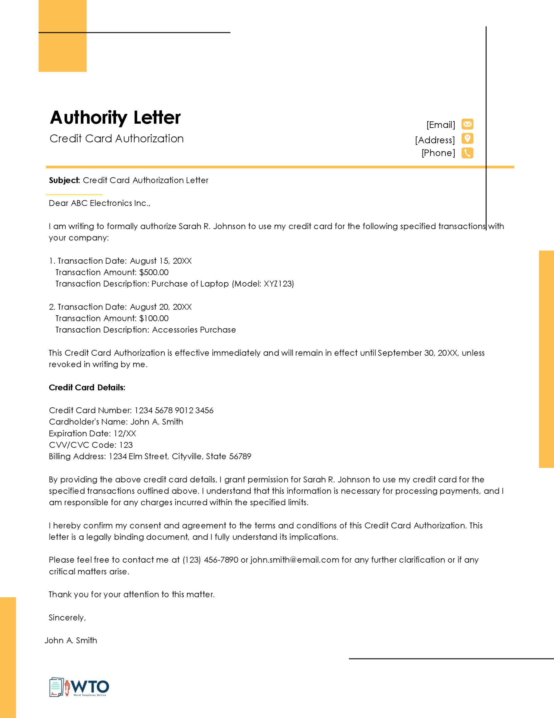 Credit Card Authorization Letter sample-MS Word Free Downlod