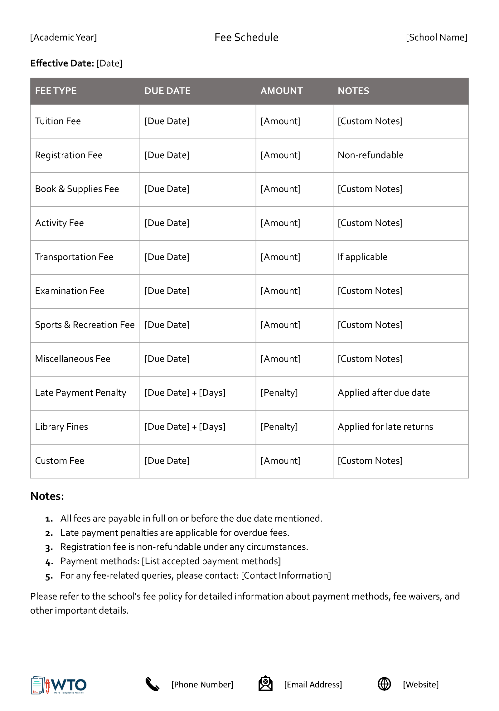 Professional Downloadable School Fee Schedule Template as Word Document