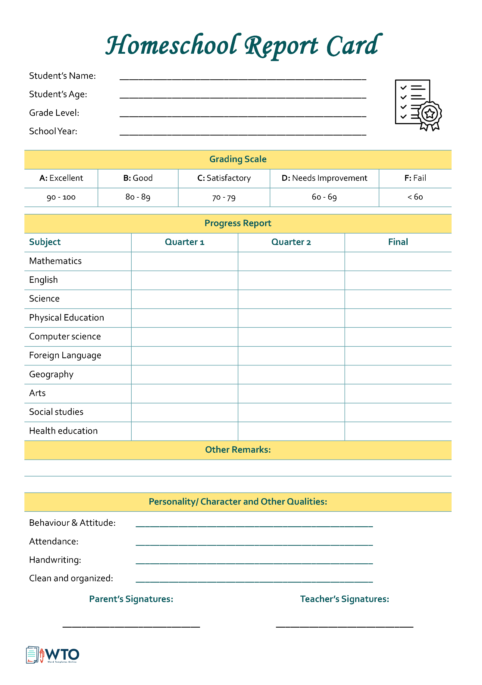 Sample Homeschool Report Card - Format Included