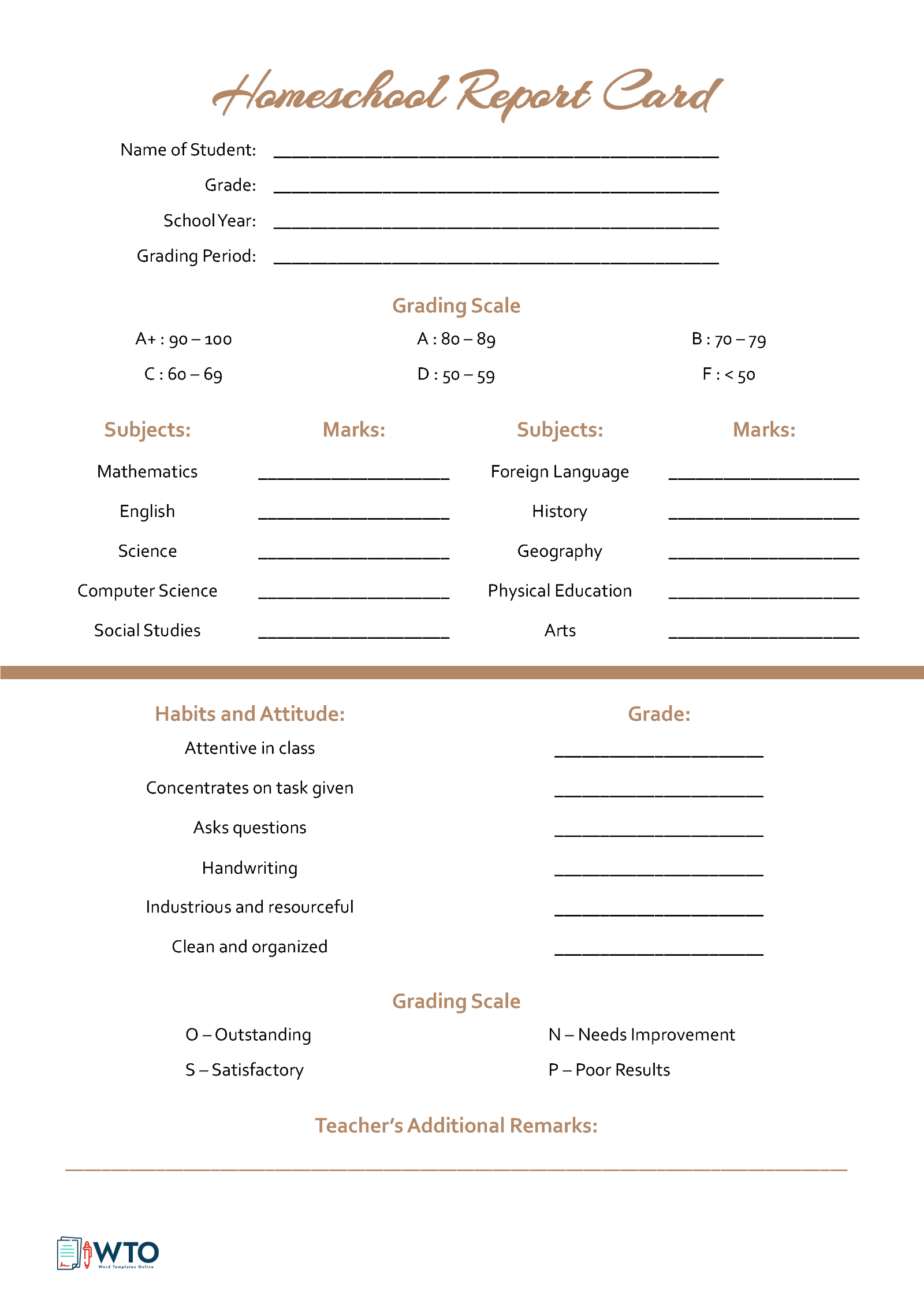 Customizable Report Card Template for Homeschooling