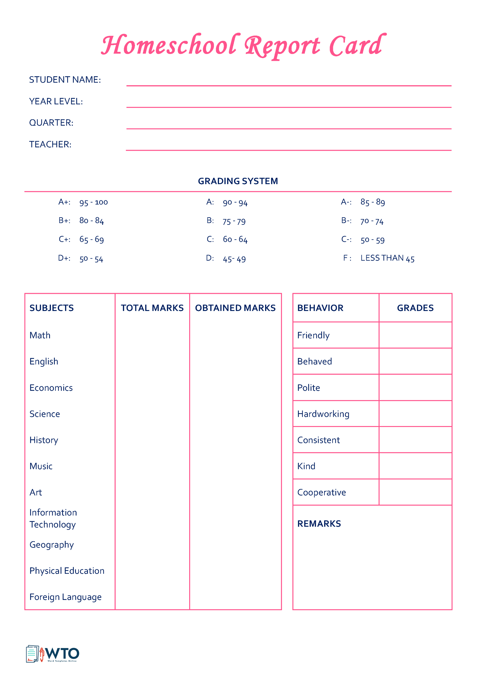 Homeschool Report Card Sample - Free Template