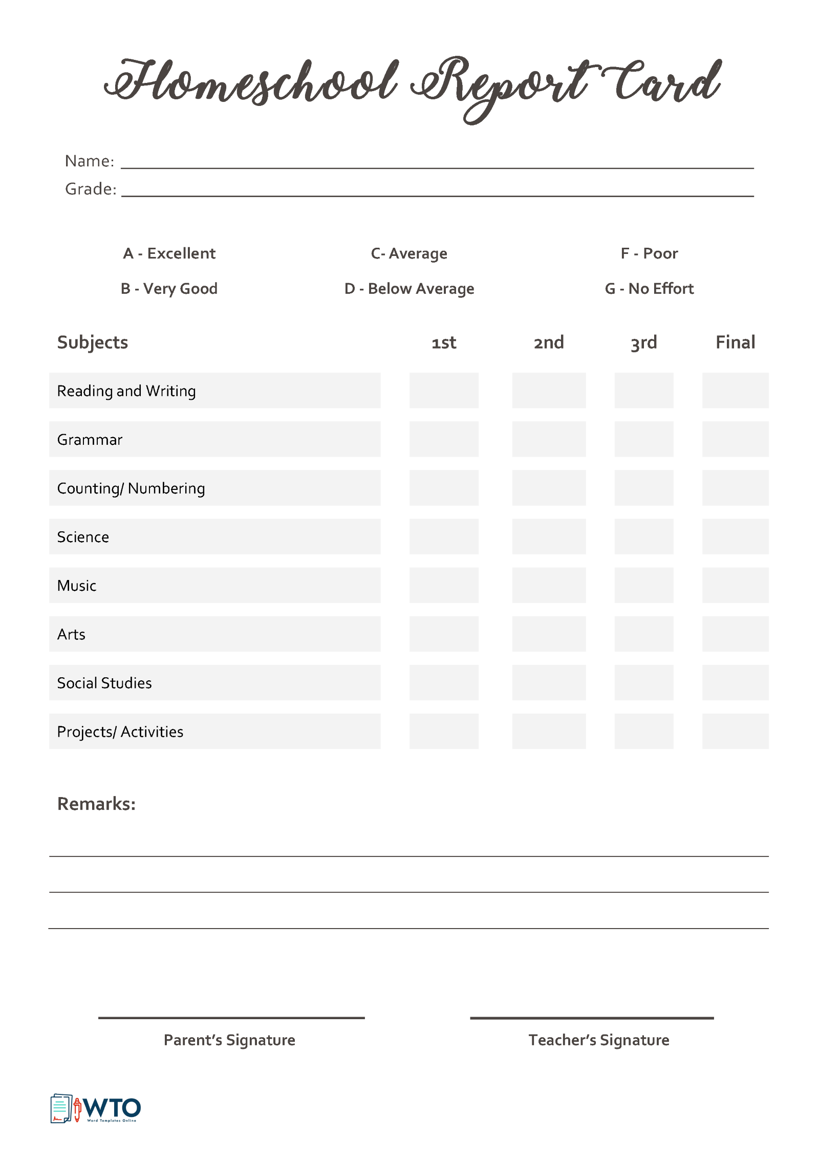 Example of a Homeschool Report Card - Format