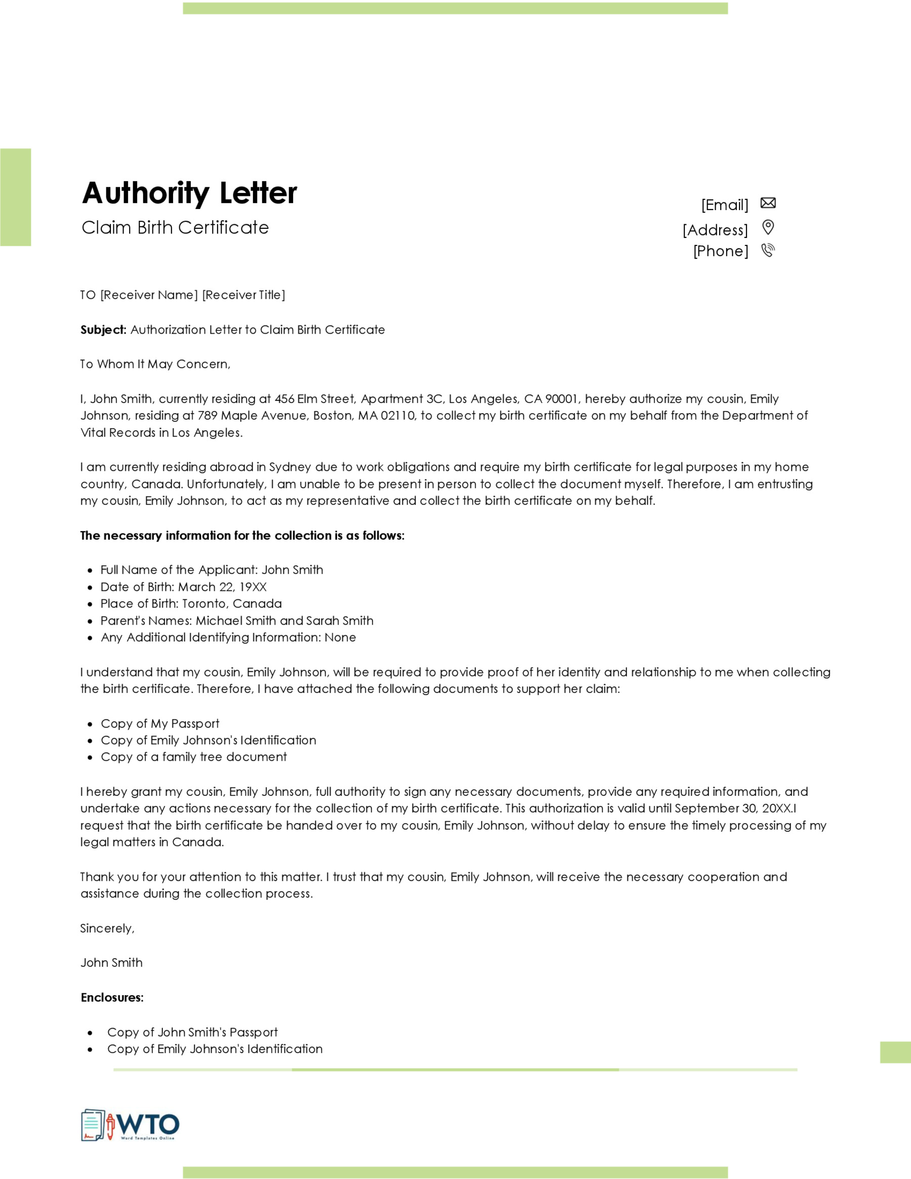 Sample Authorization Letter for Claiming Birth Certificate-Word Format