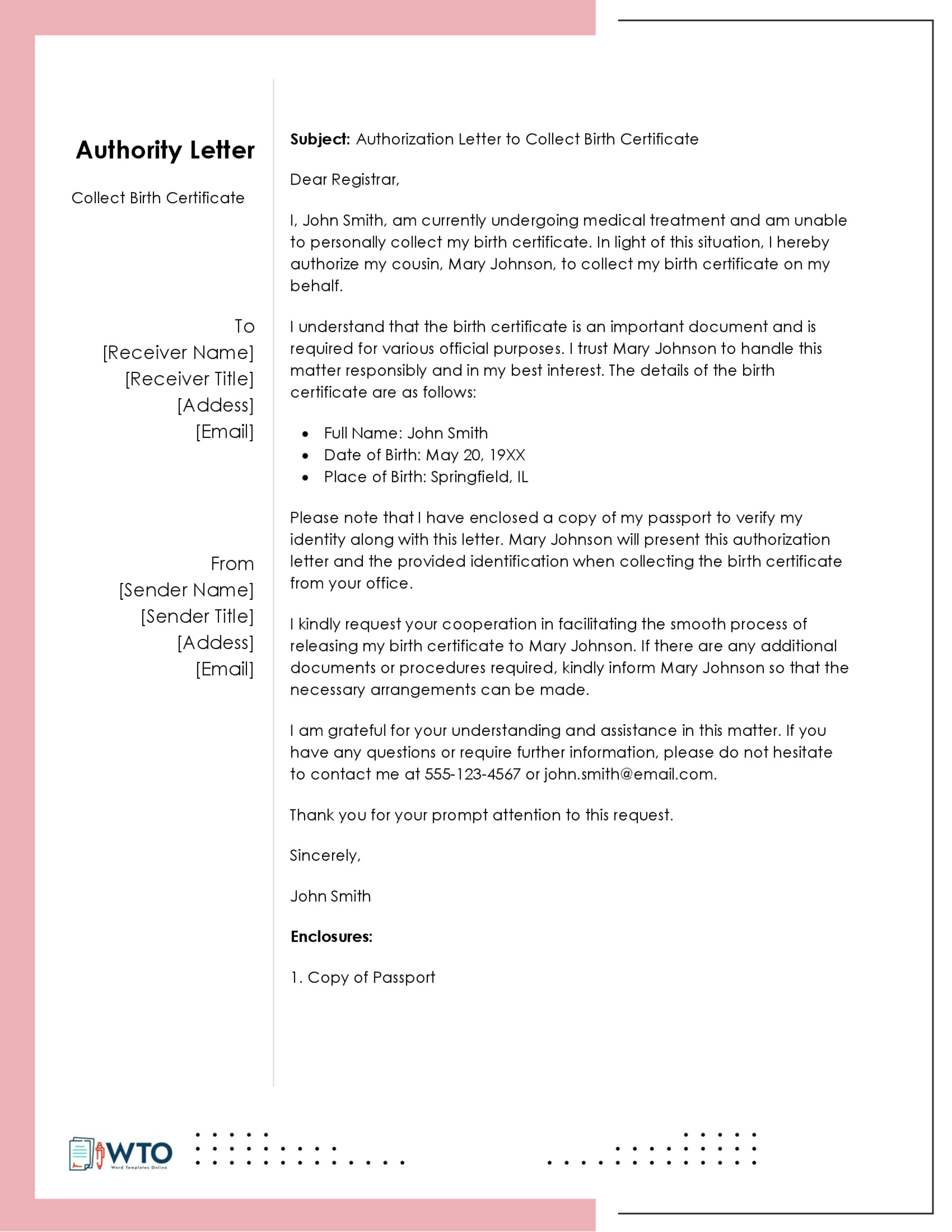 Sample Authorization Letter for Claiming Birth Certificate-Ms word Format