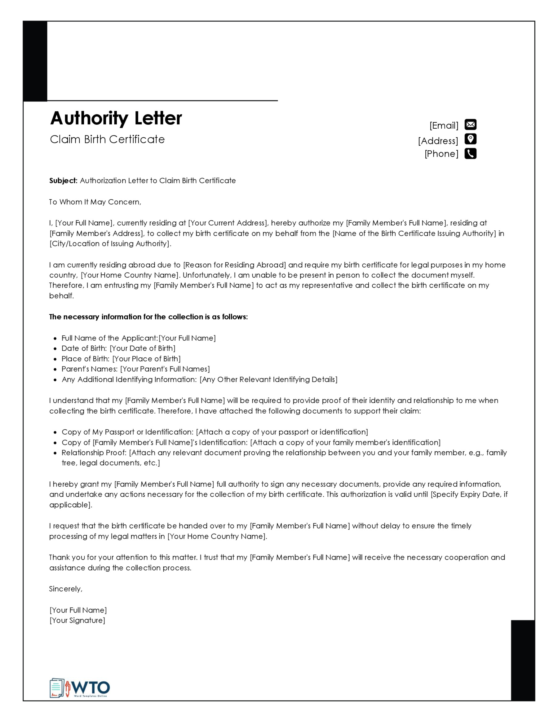 Authorization Letter for Claiming Birth Certificate Template-Word Format