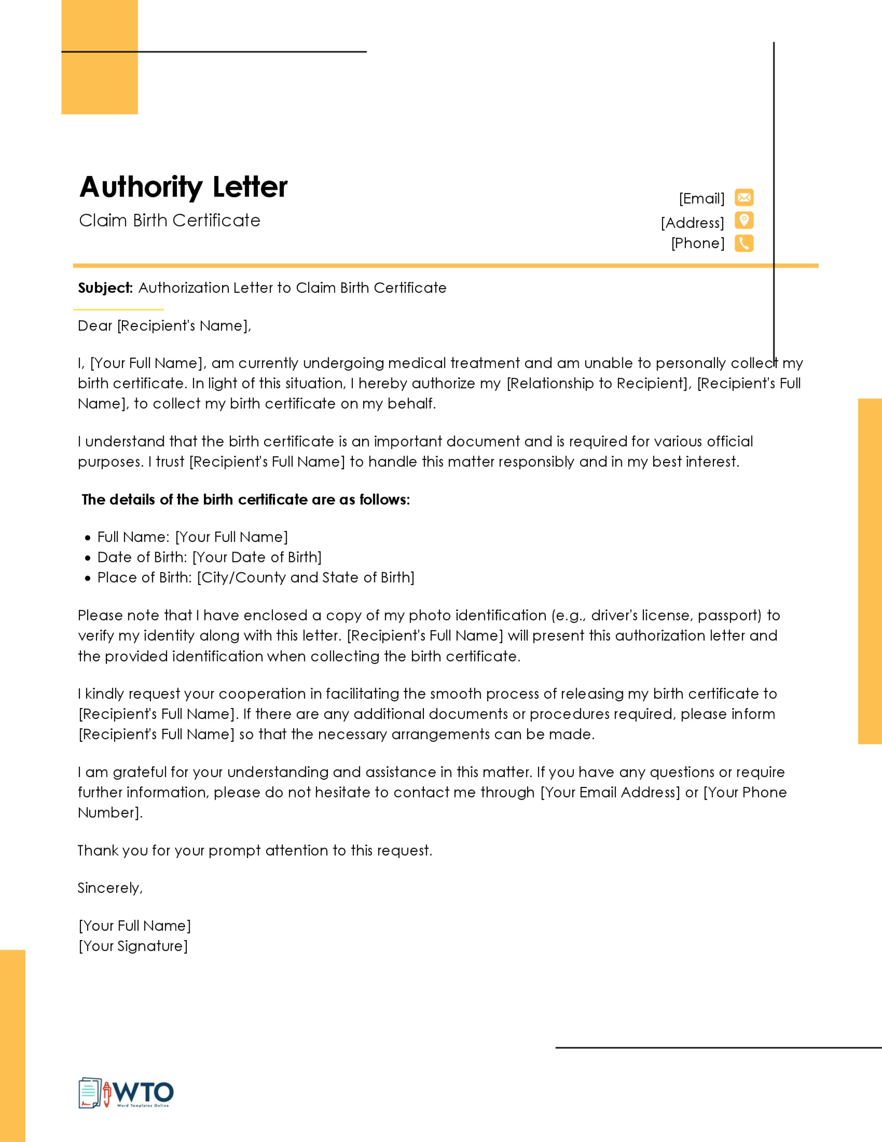 Authorization Letter for Claiming Birth Certificate Template-Ms word Format
