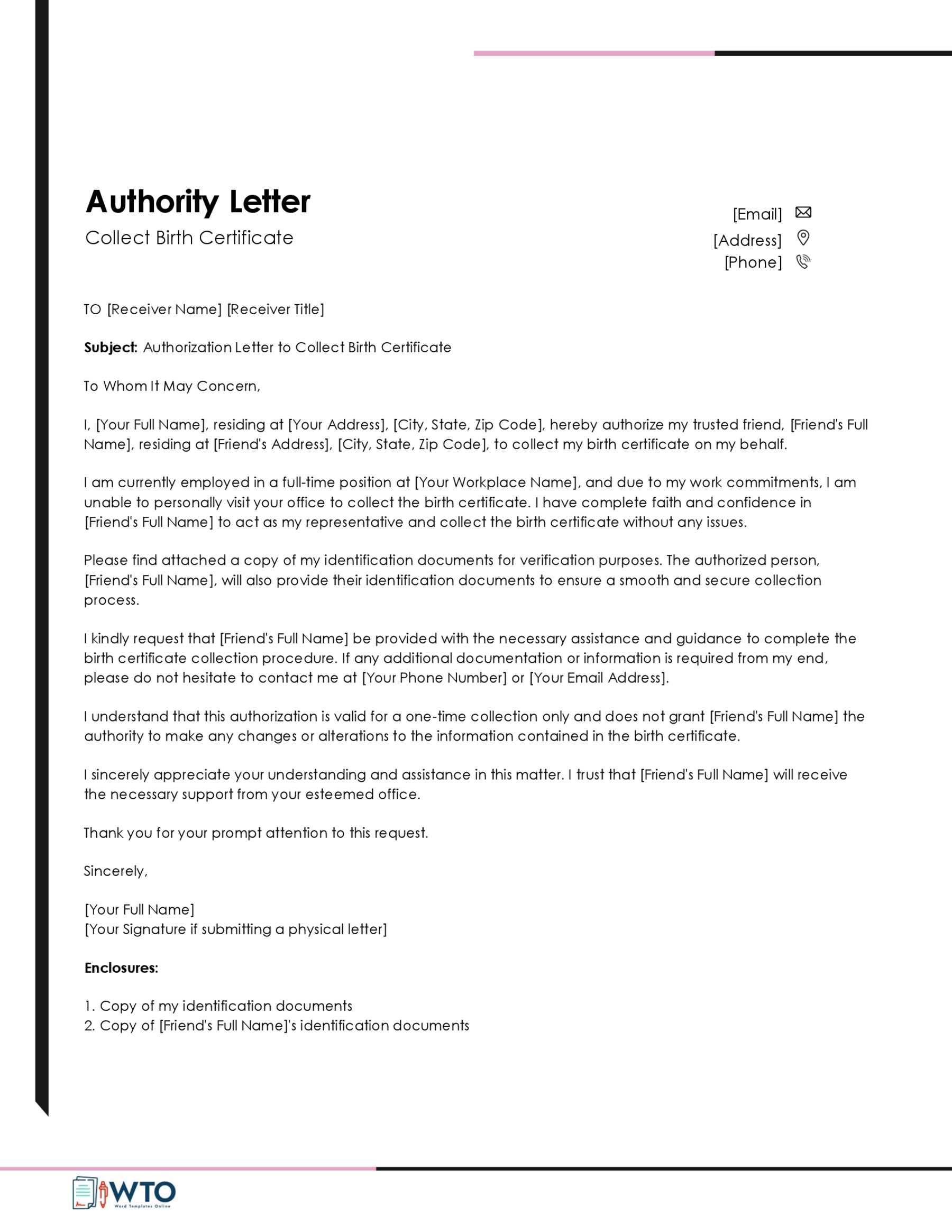 Authorization Letter for Claiming Birth Certificate Template-Free Downloadable