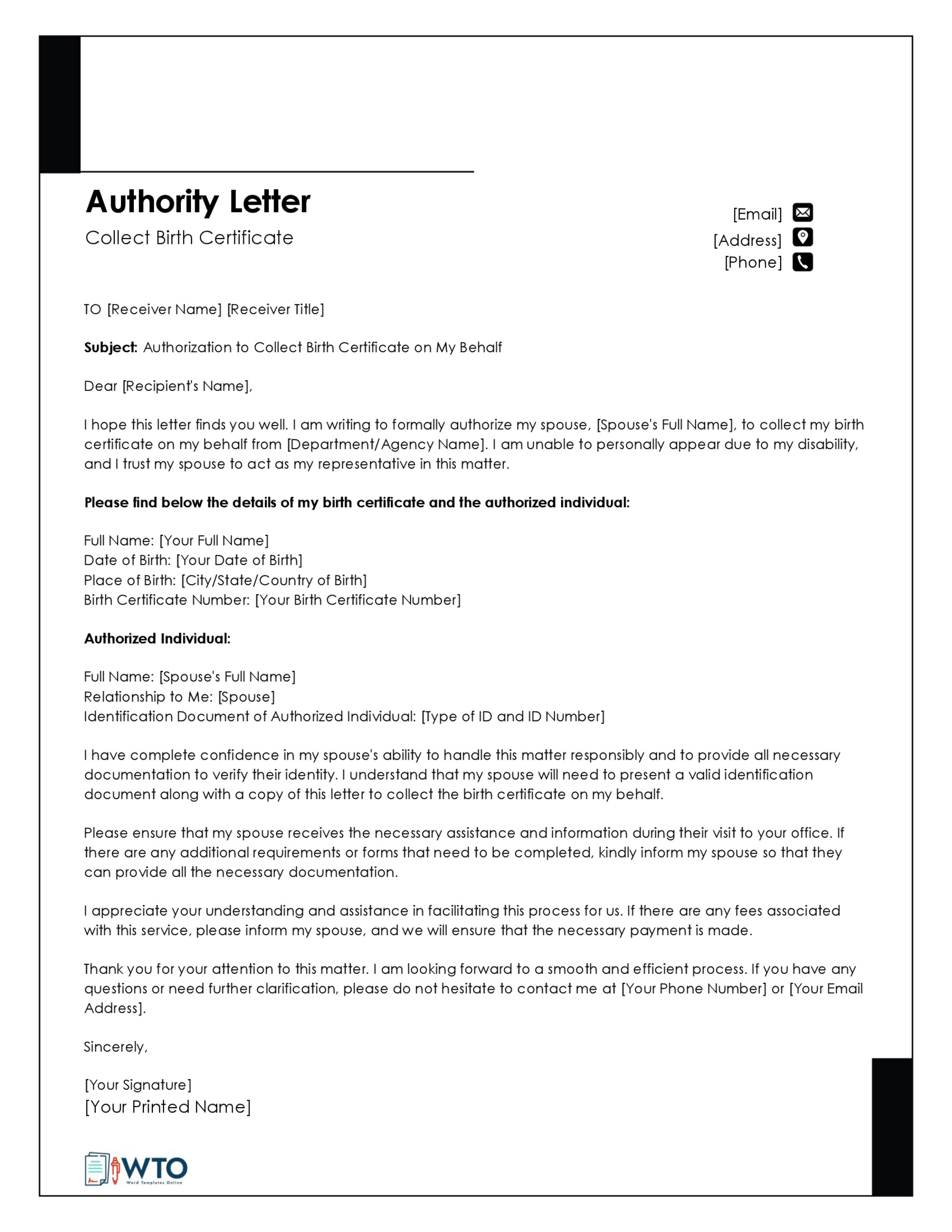 Authorization Letter for Claiming Birth Certificate Template-Downloadable word format