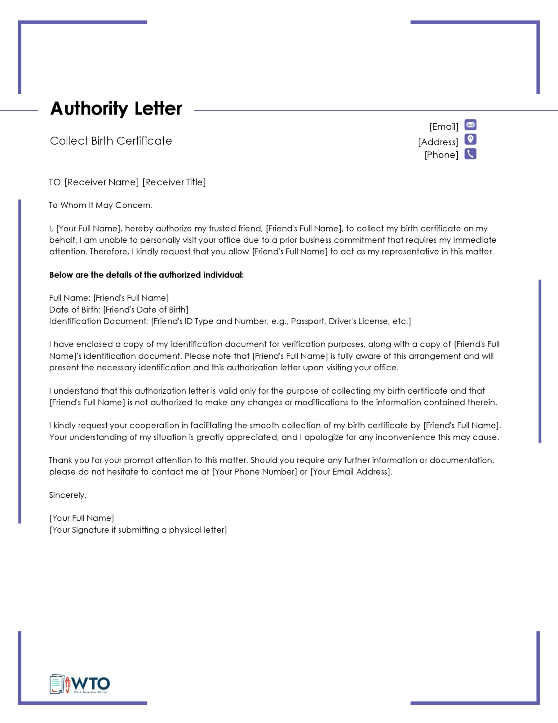 Authorization Letter for Claiming Birth Certificate Template-Ms Word Free Download