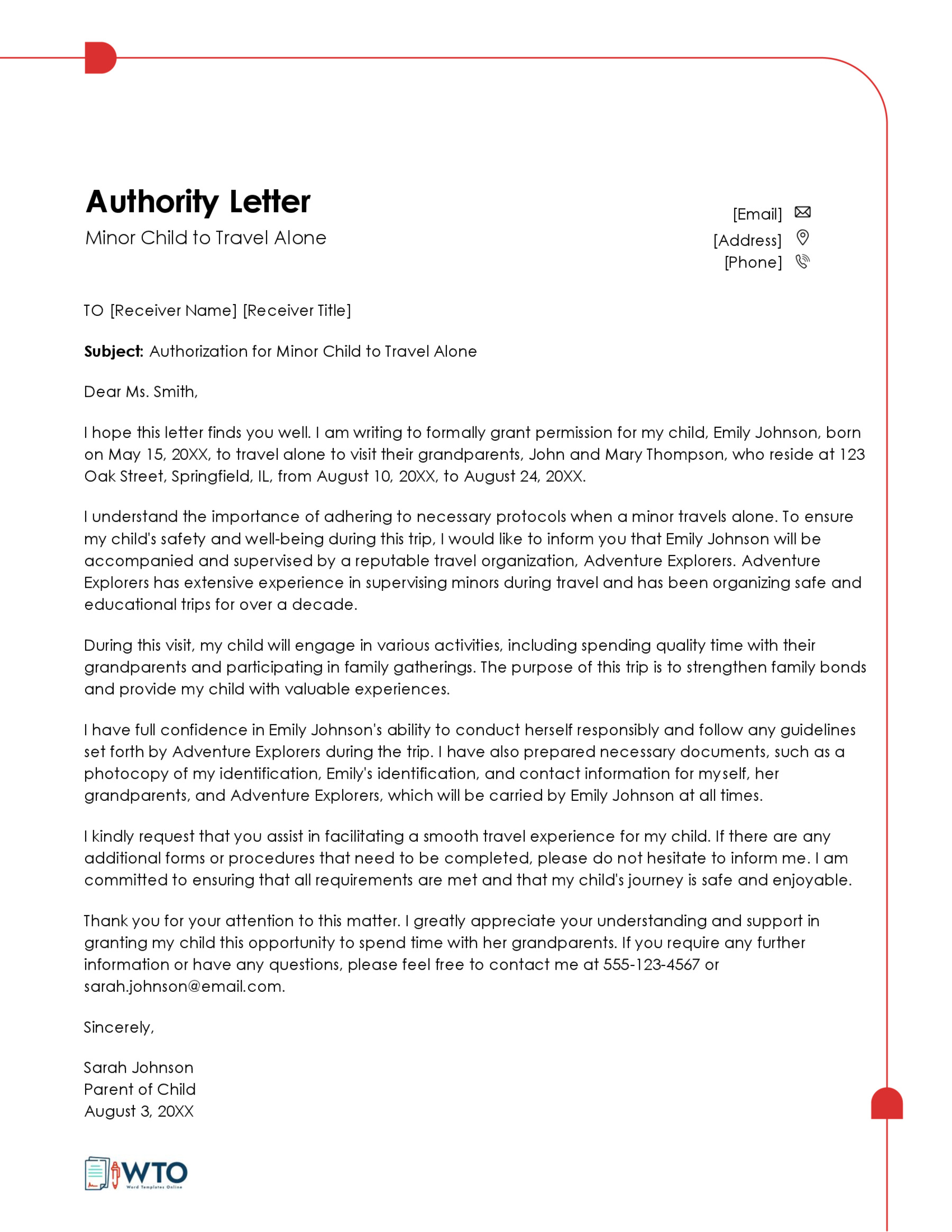 Sample Authorization Letter for a Child to Travel Alone-Free Download