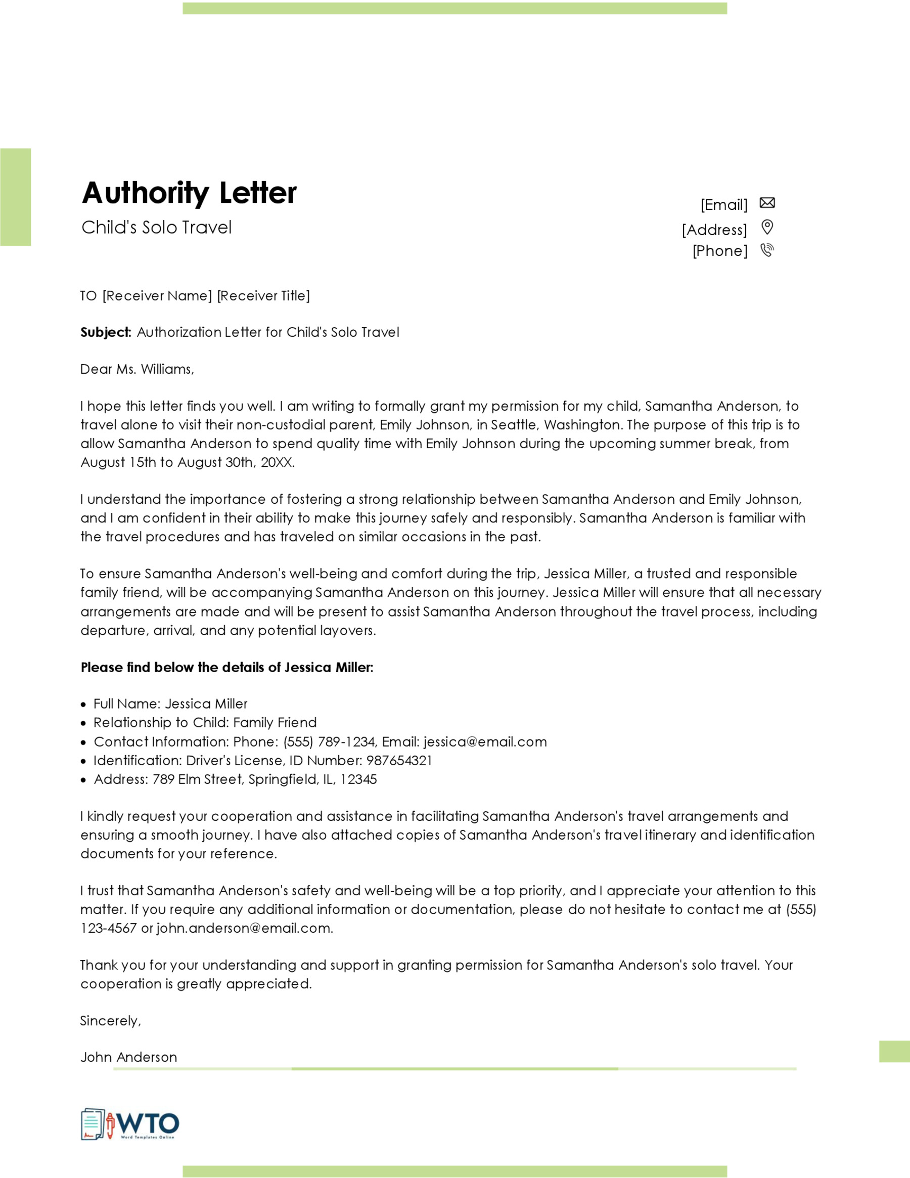 Sample Authorization Letter for a Child to Travel Alone-Ms Word Free Download
