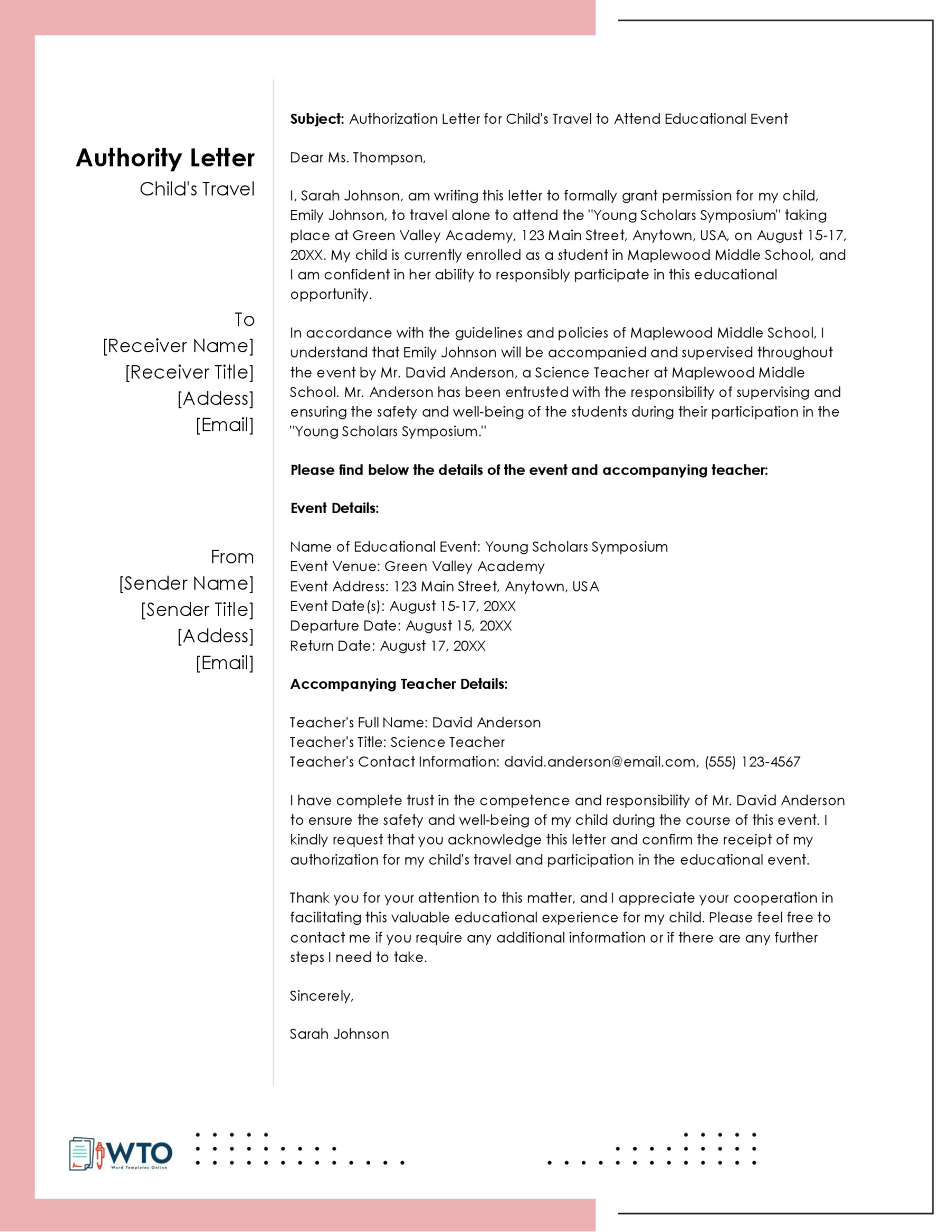 Sample Authorization Letter for a Child to Travel Alone-Free in Ms Word
