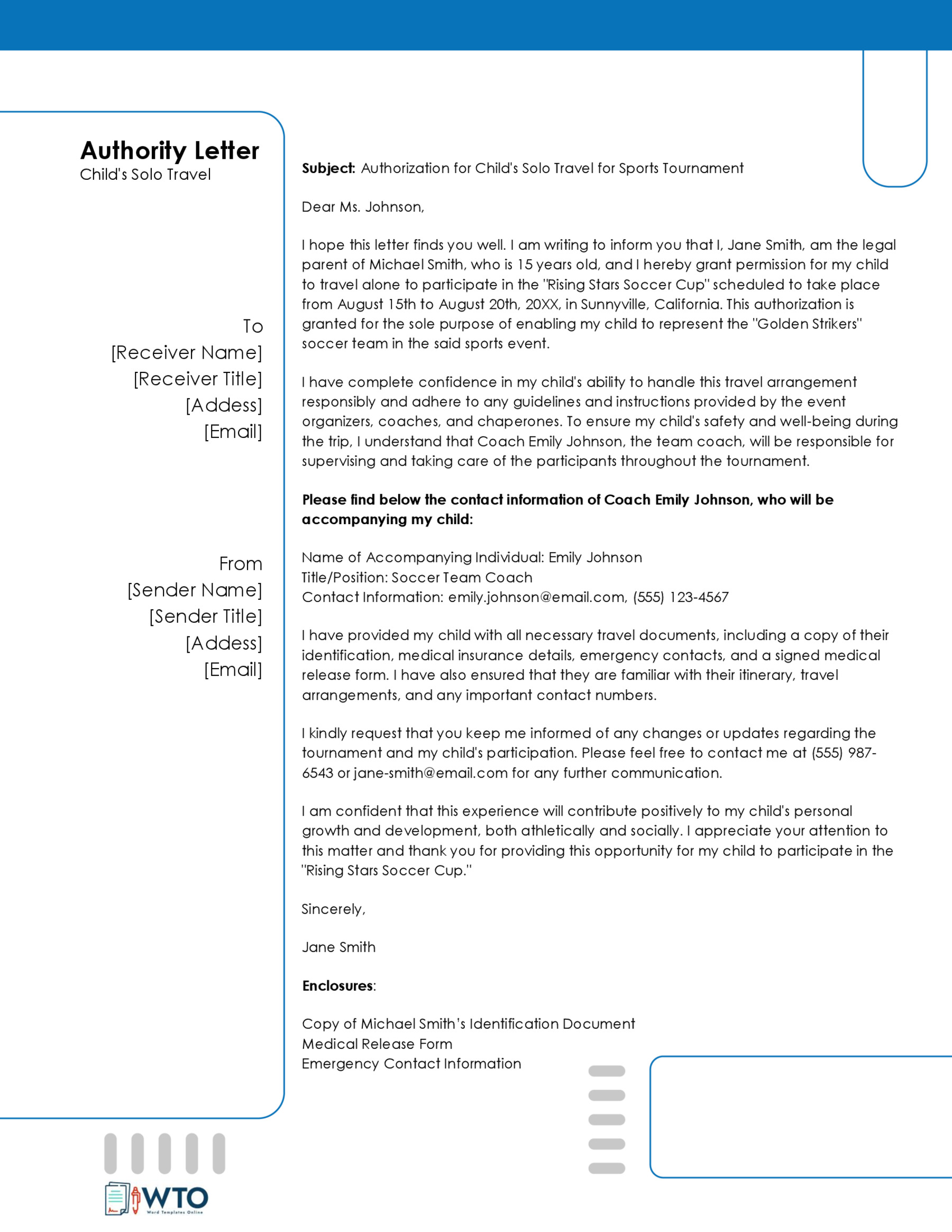 Sample Authorization Letter for a Child to Travel Alone-Downloadable