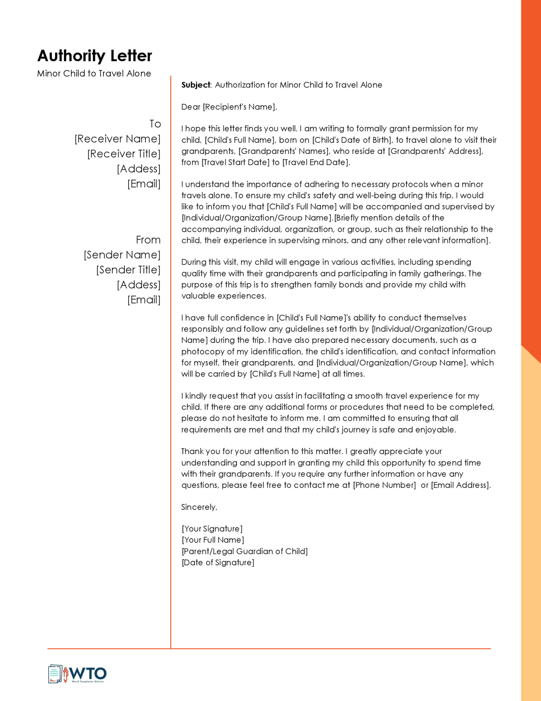 Authorization Letter for a Child to Travel Alone Template -Free Download