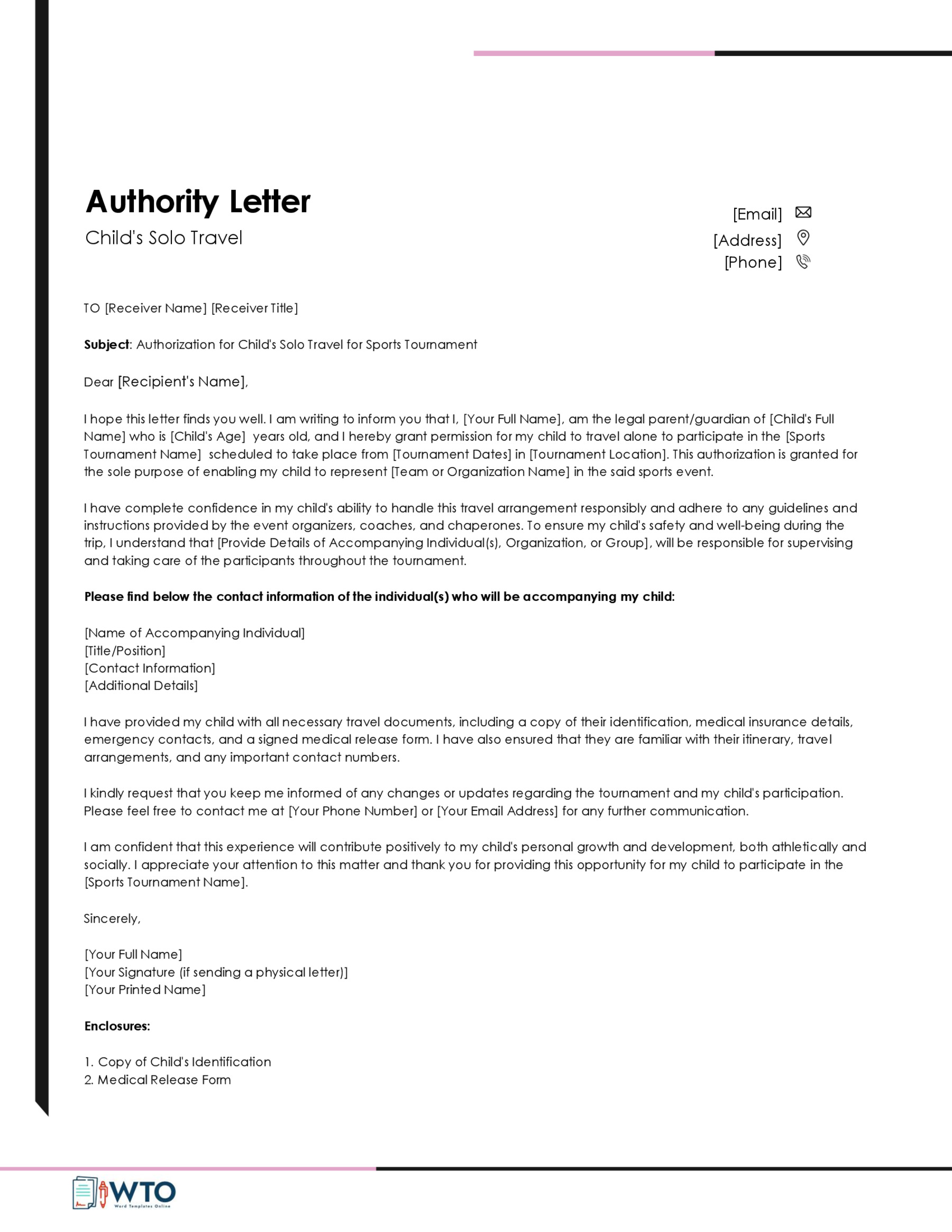 Authorization Letter for a Child to Travel Alone Template-Ms word Format