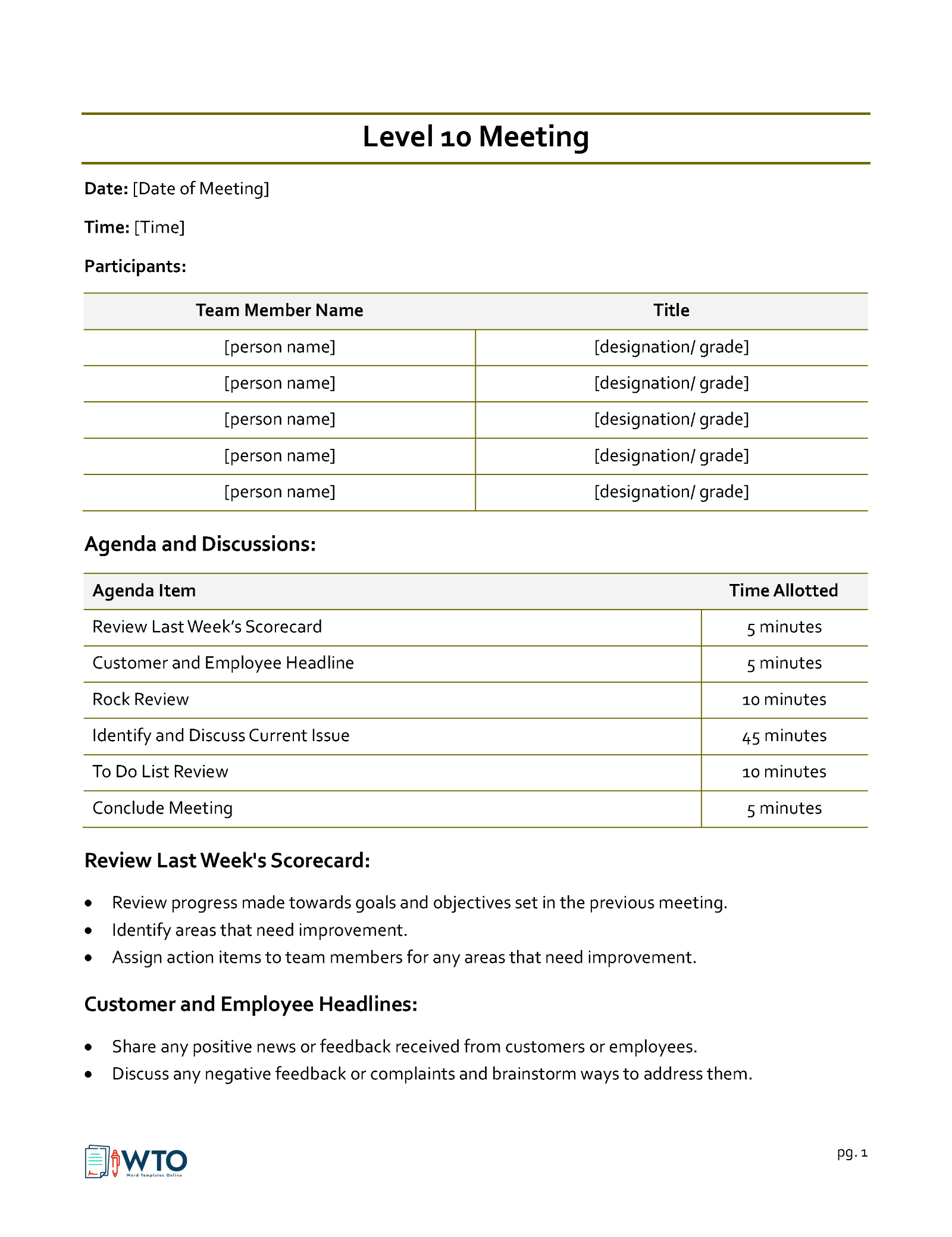 Great Efficient Level 10 Meeting Agenda Template 02 in Word Format