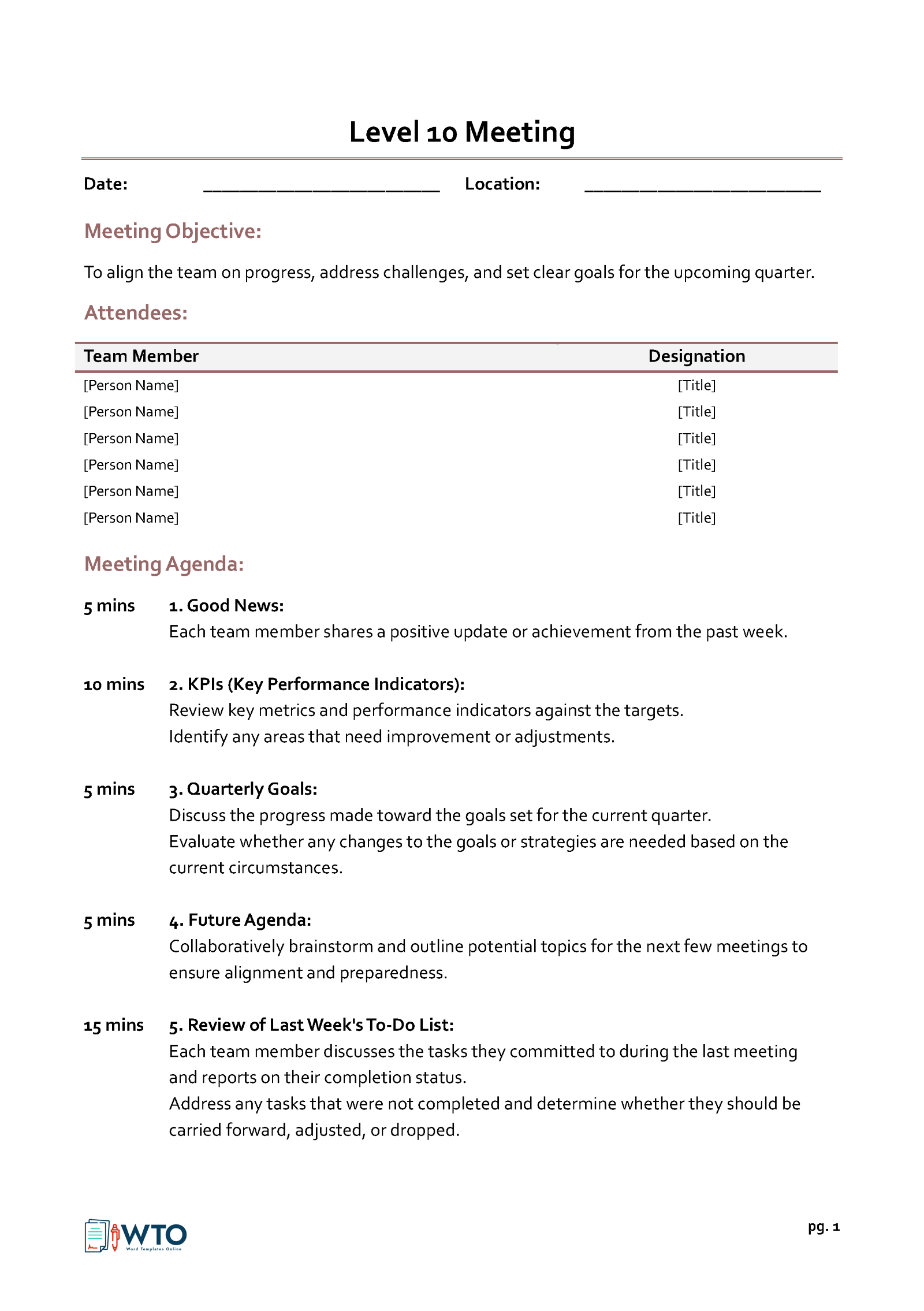 Great Printable Level 10 Meeting Agenda Template 06 in Word Format