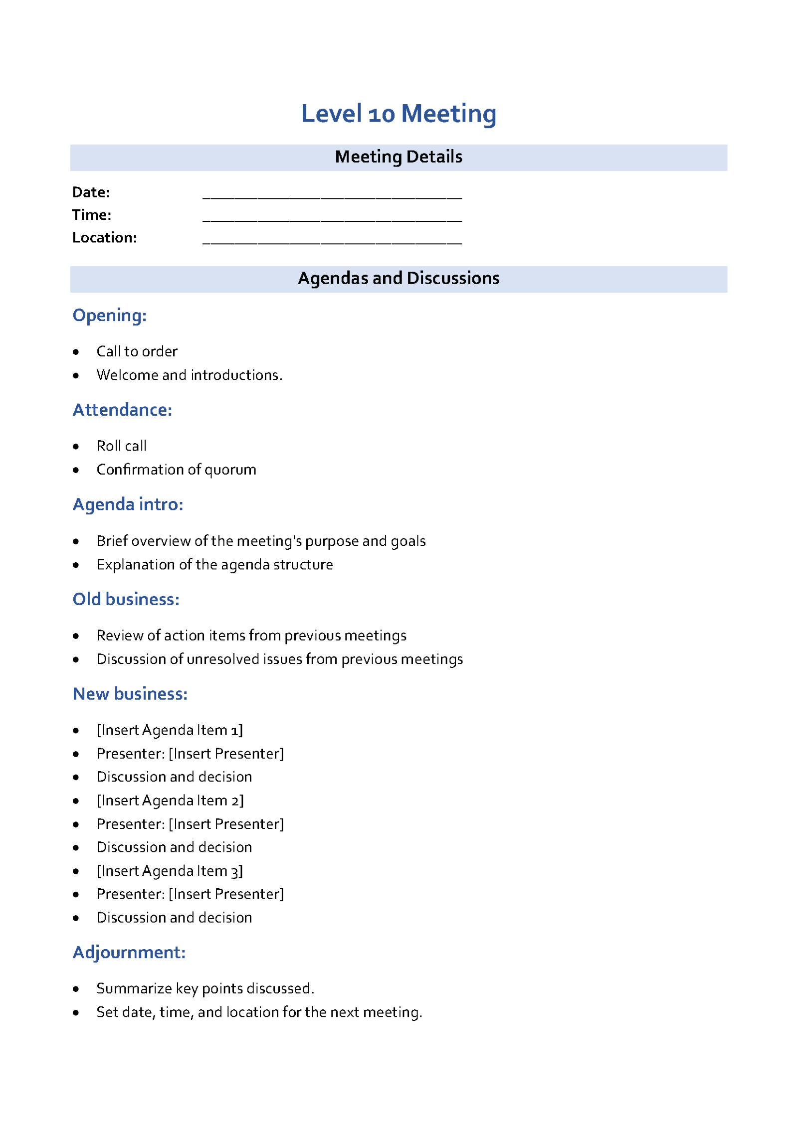 Great Printable Level 10 Meeting Agenda Template 10 in Word Format