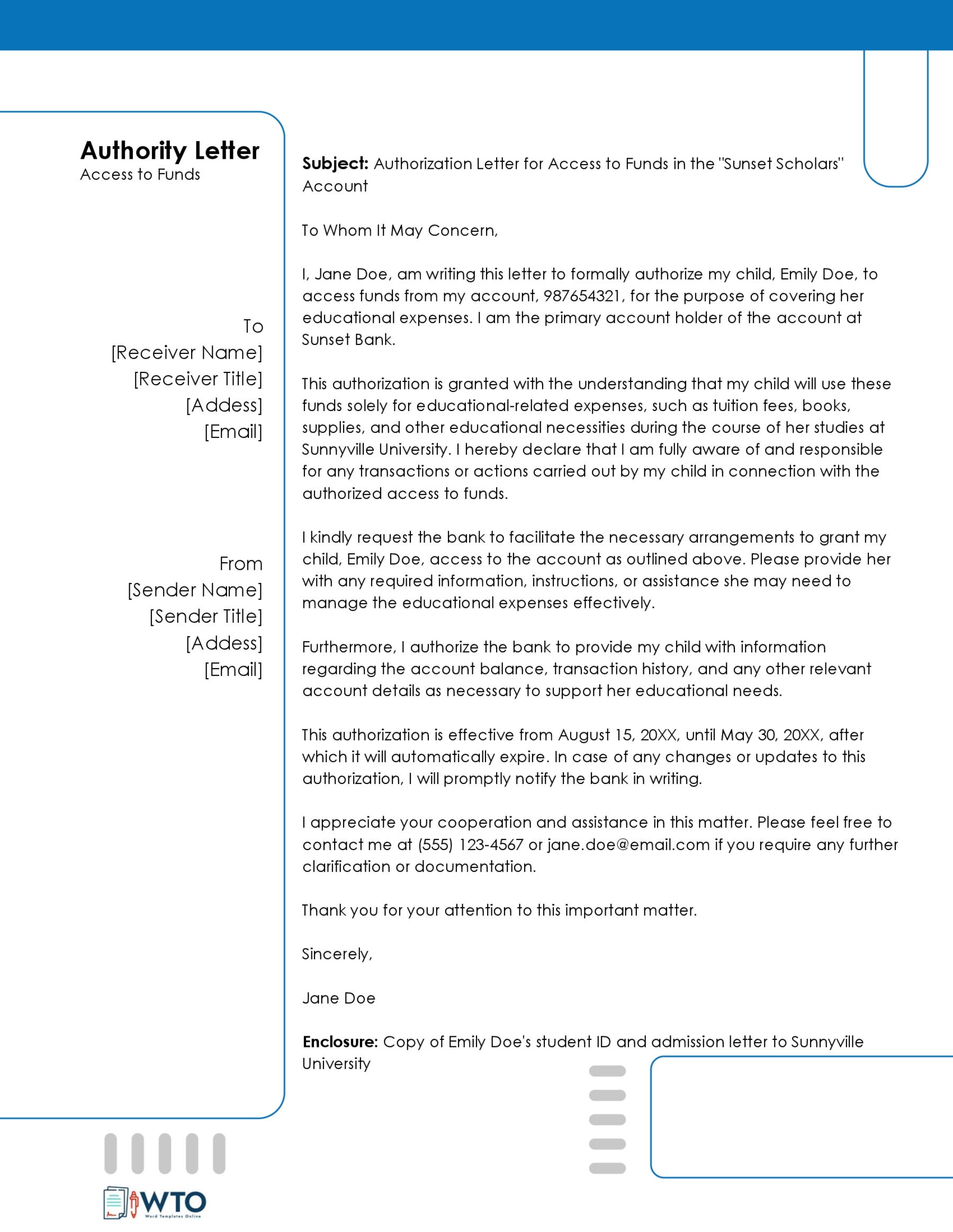 Sample Authorization Letter for Bank-Free Downloadable