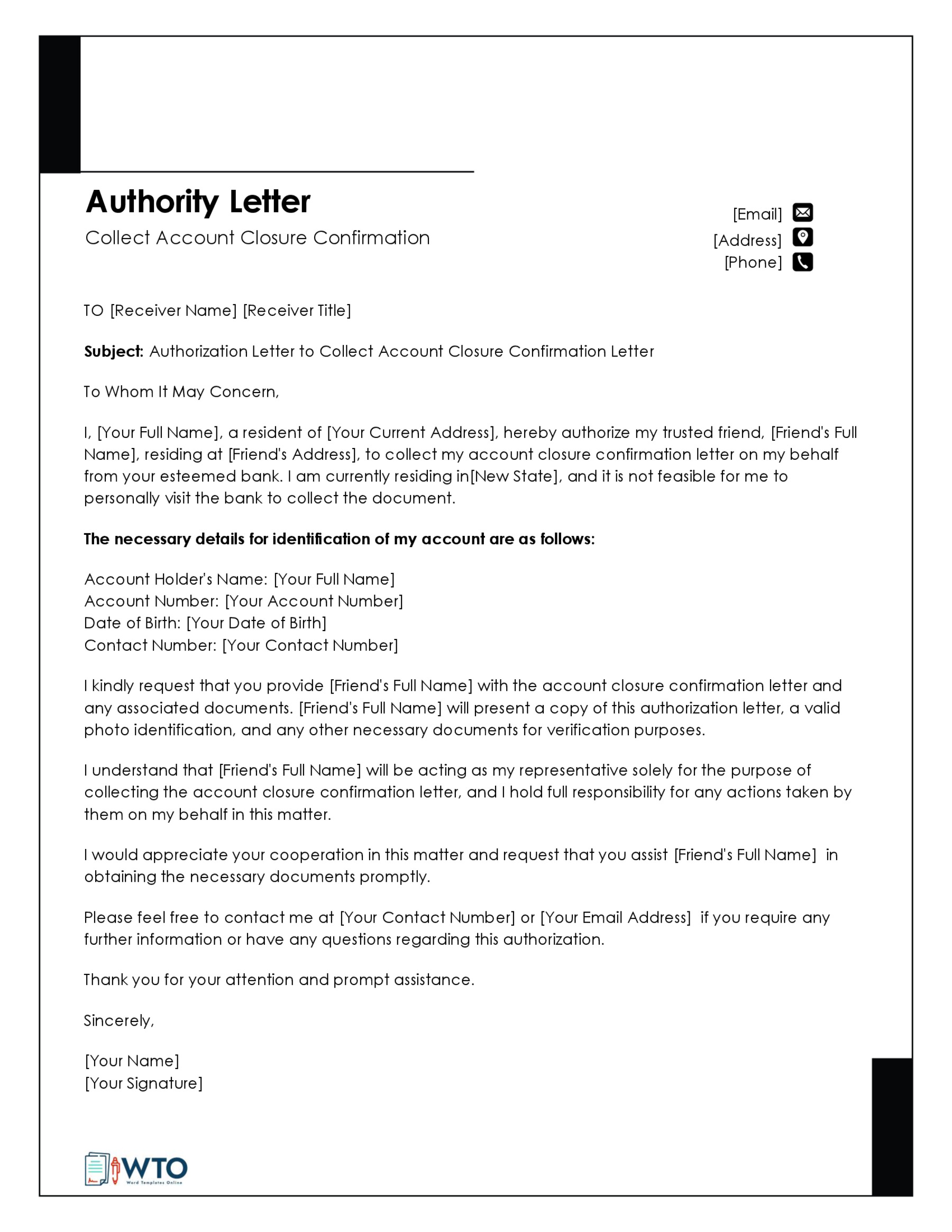 Authorization Letter to Operate Bank Account Template-Downloadable word format