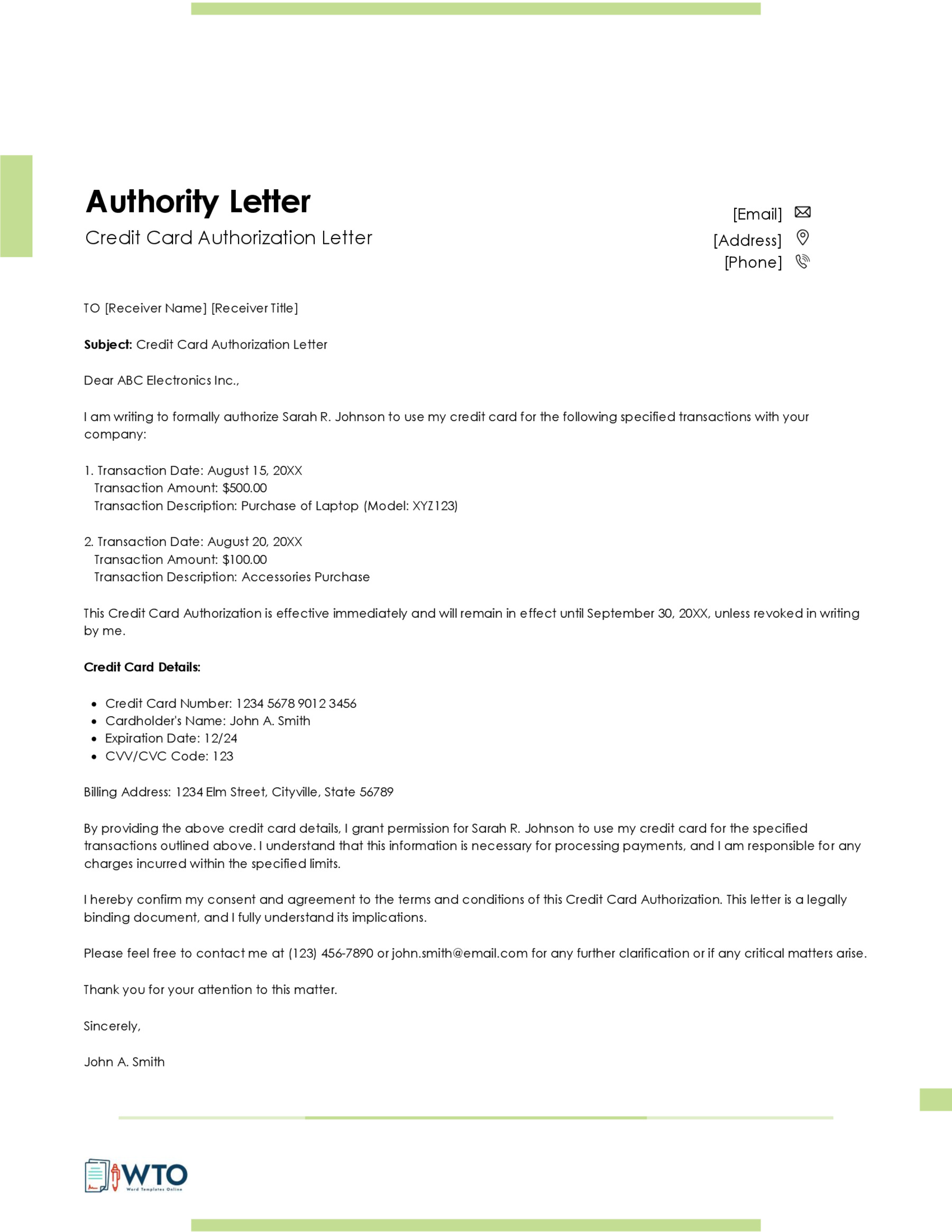 Credit Card Authorization Letter Sample in ms word free download