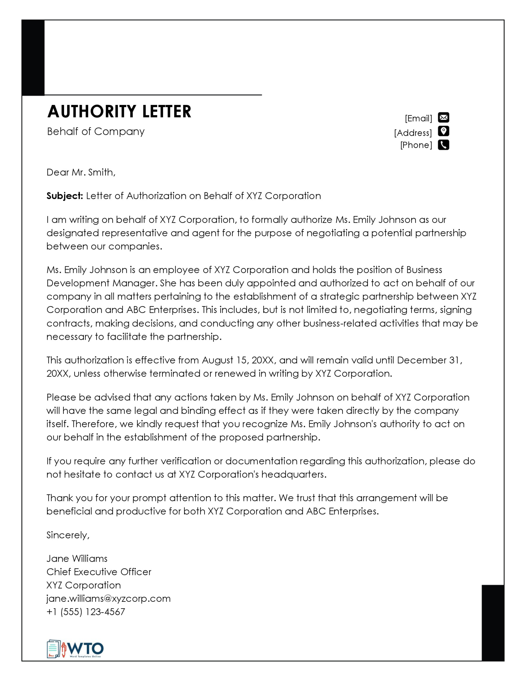 Letter of Behalf of a Company Sample Free download