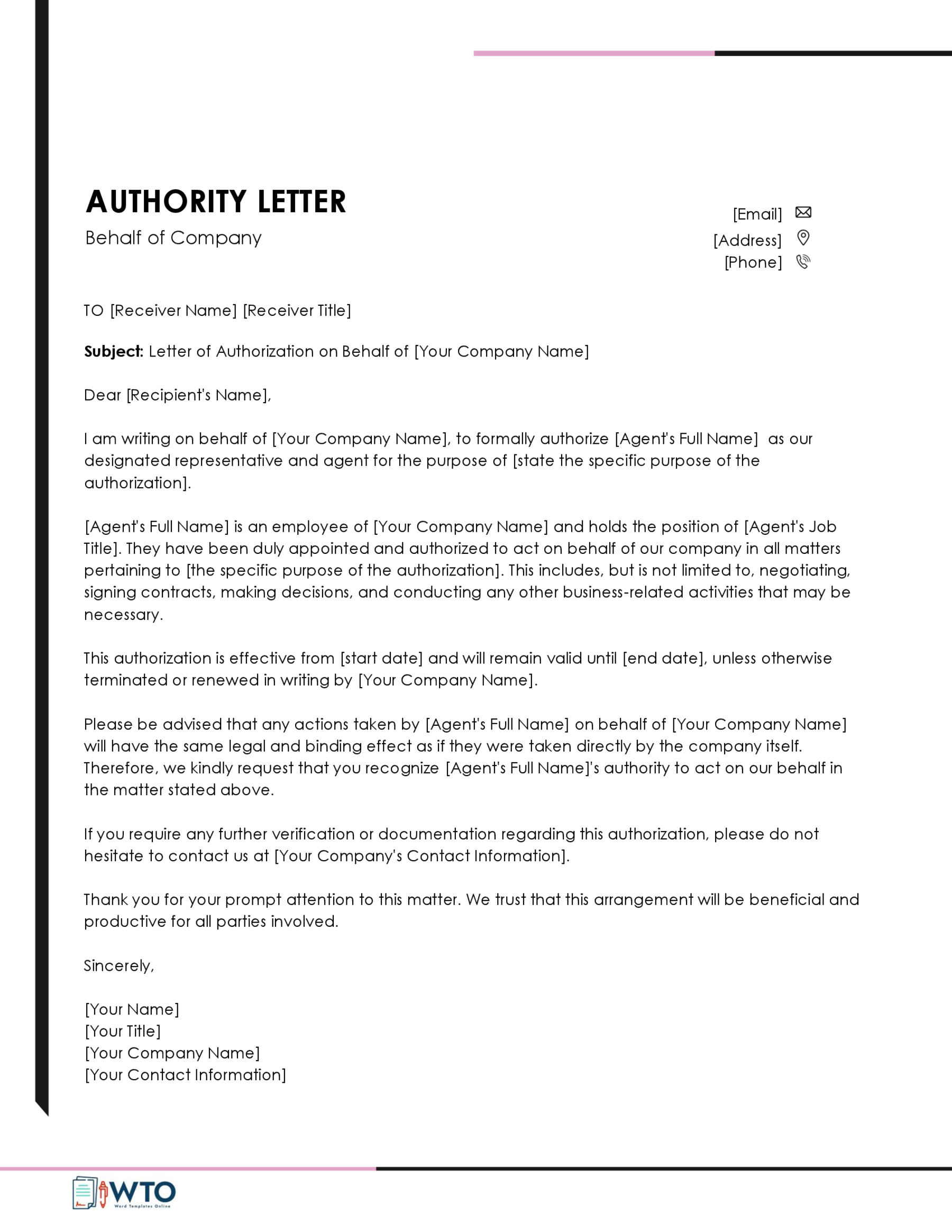 Letter of Behalf of a Company Template in ms word free download