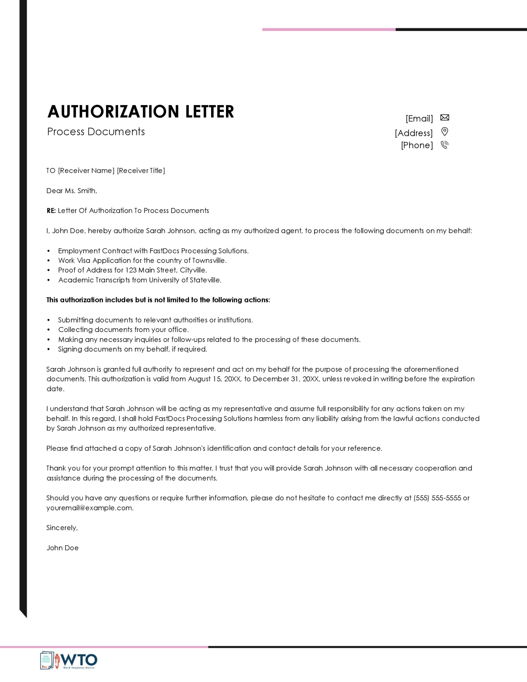 Letter of Giving Permission to Process Documents Sample in word format free download