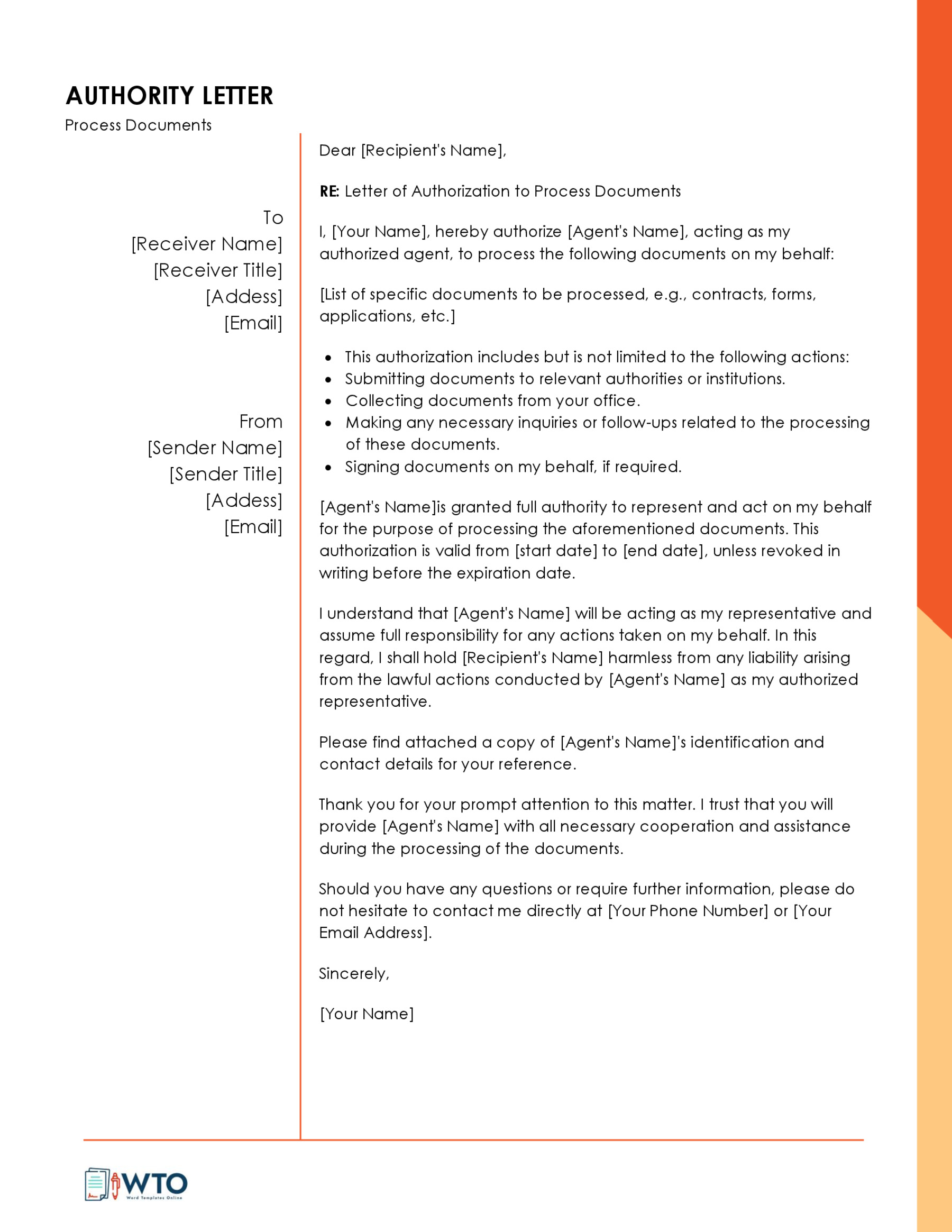 Letter of Giving Permission to Process Documents Template in ms word free download