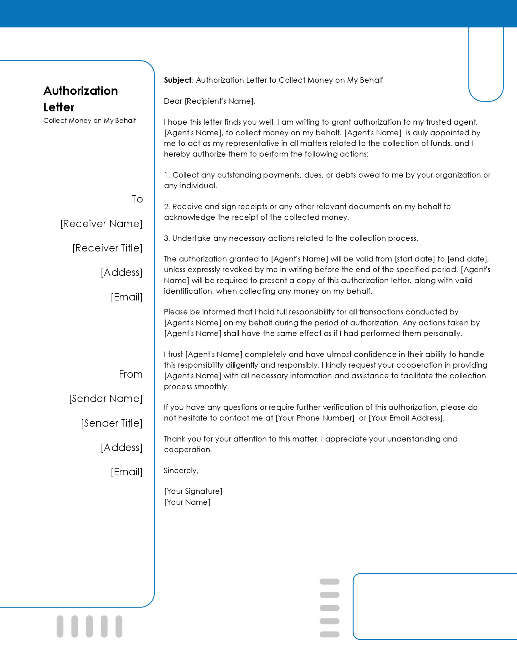 Letter to Collect Money on My Behalf Template Free download in ms word