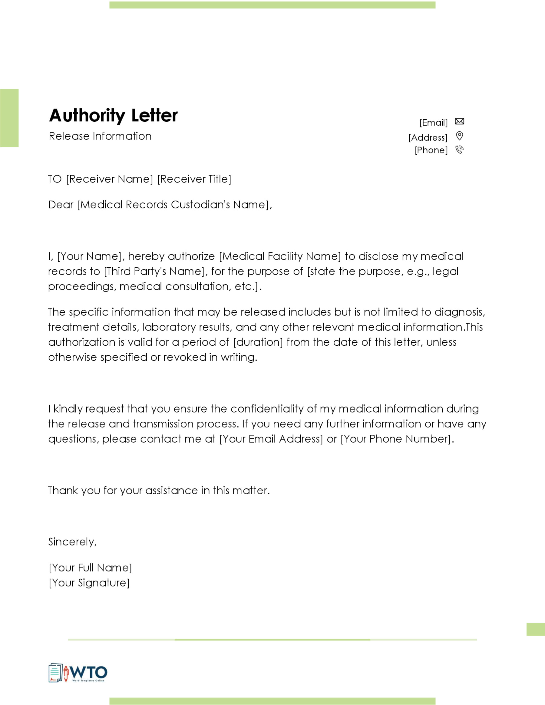 Free Letter to Release Information Template in word format